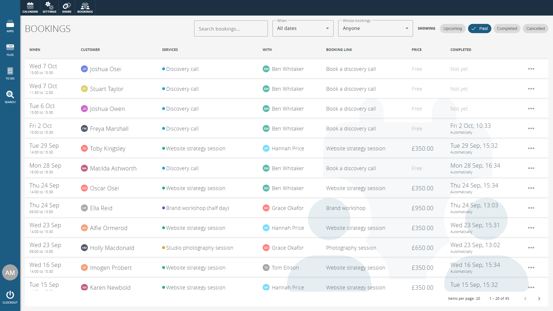 Clockwork CRM calendar bookings list with customers, services and prices