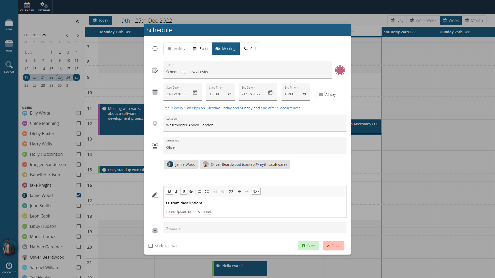 Calendar Features Clockwork CRM Mythic Software