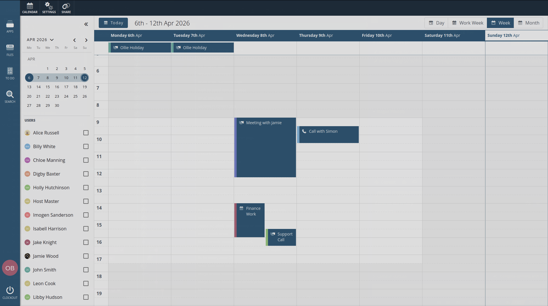 Clockwork CRM calendar
