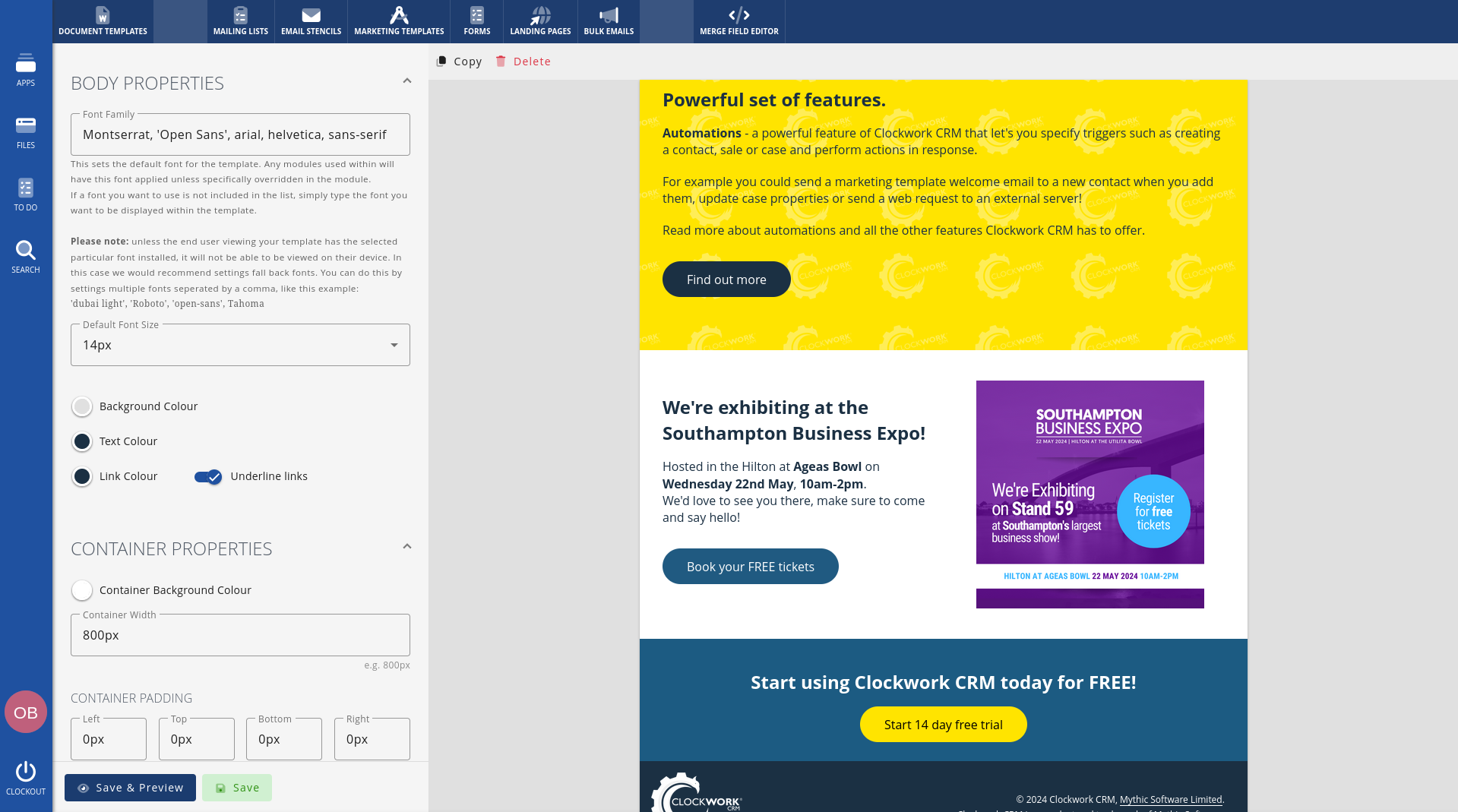 Clockwork CRM template customisation options