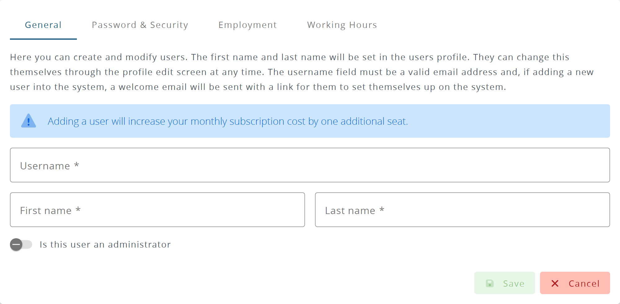 The Add User form