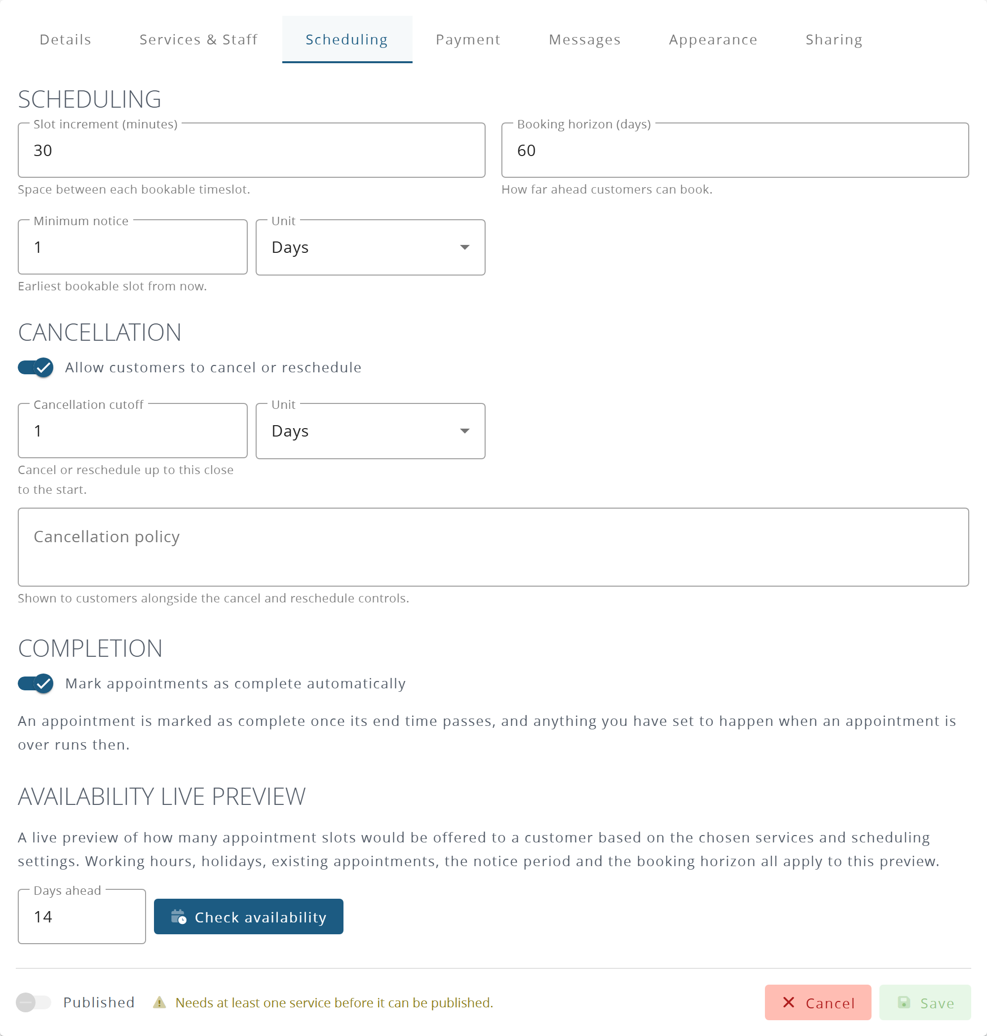 The Scheduling tab of a booking link