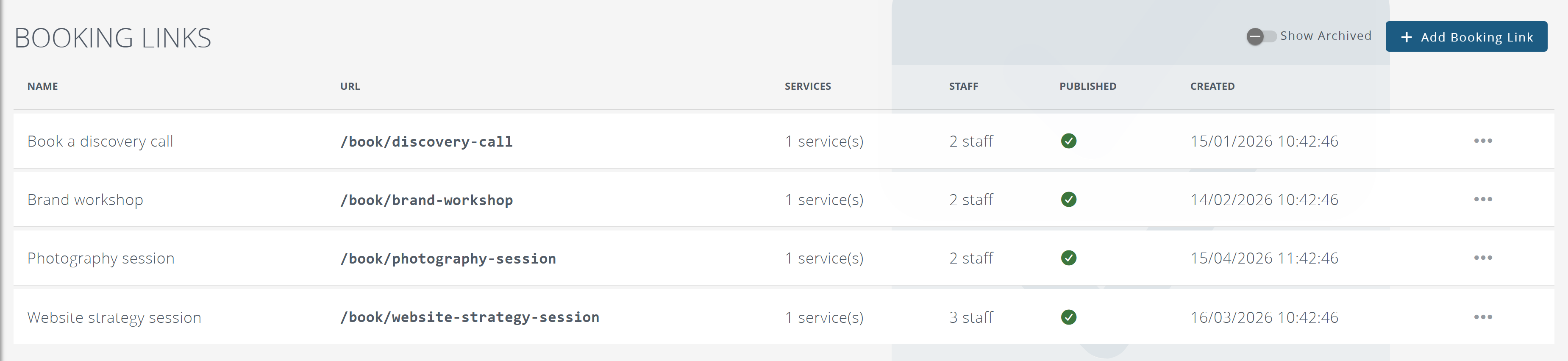 The booking link list