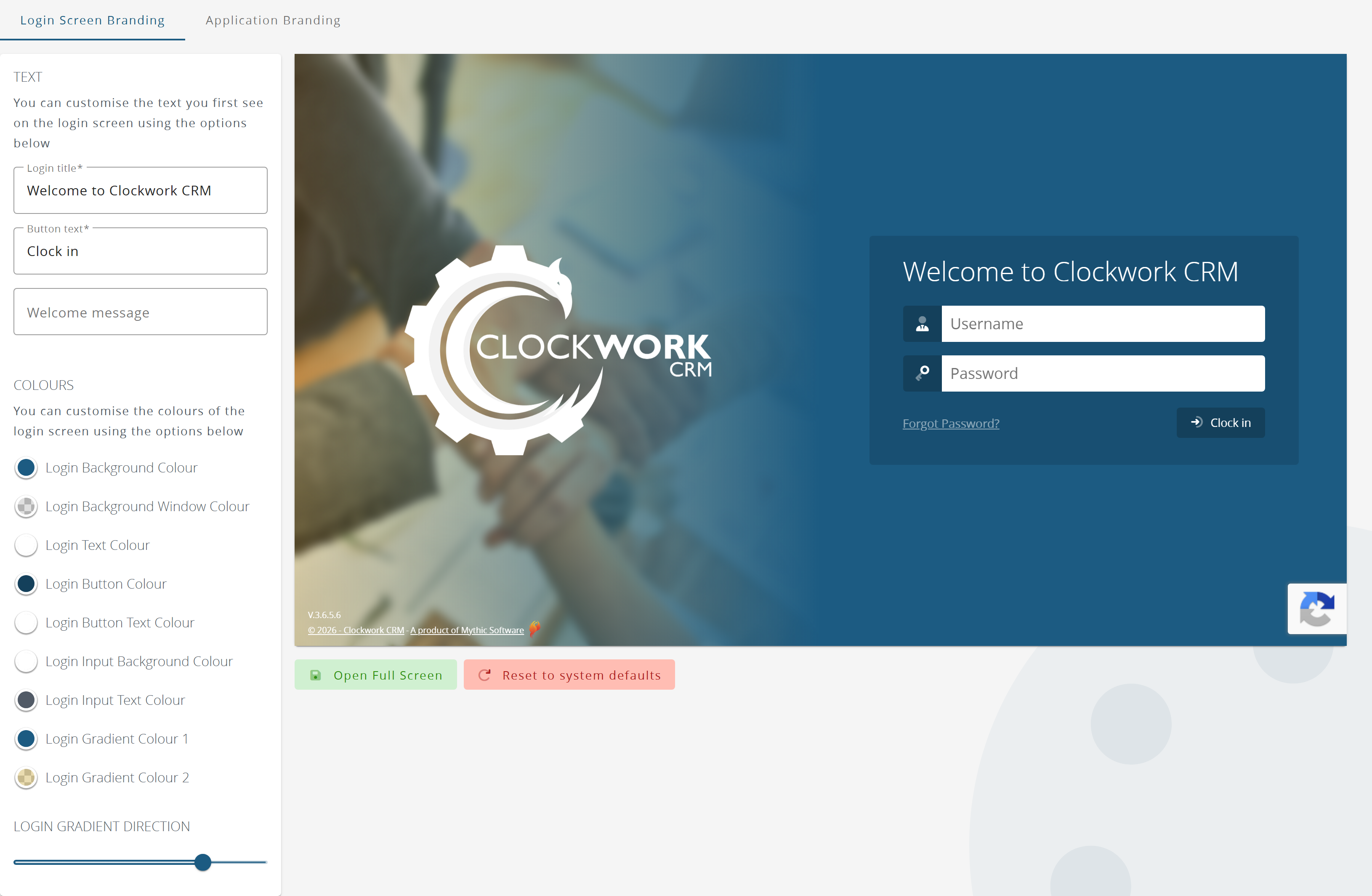 The text and colour options for the login screen