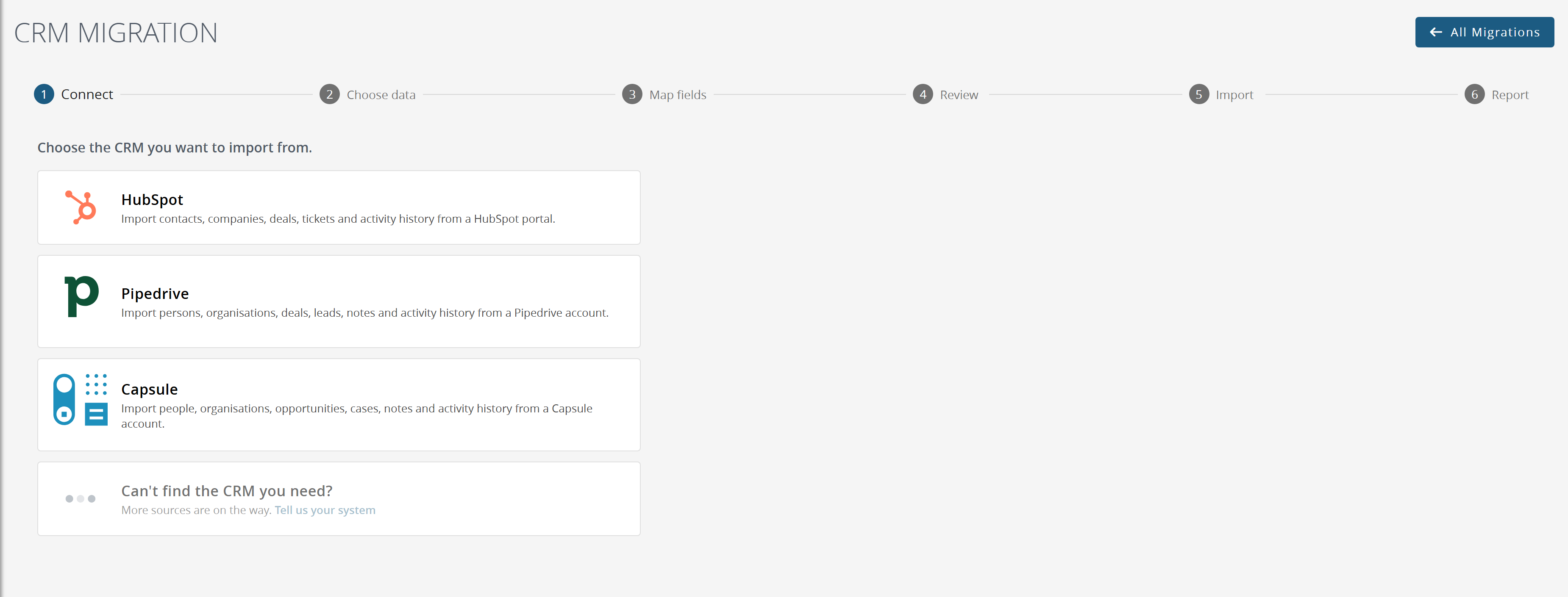 The first step of a new migration: choosing the CRM to import from