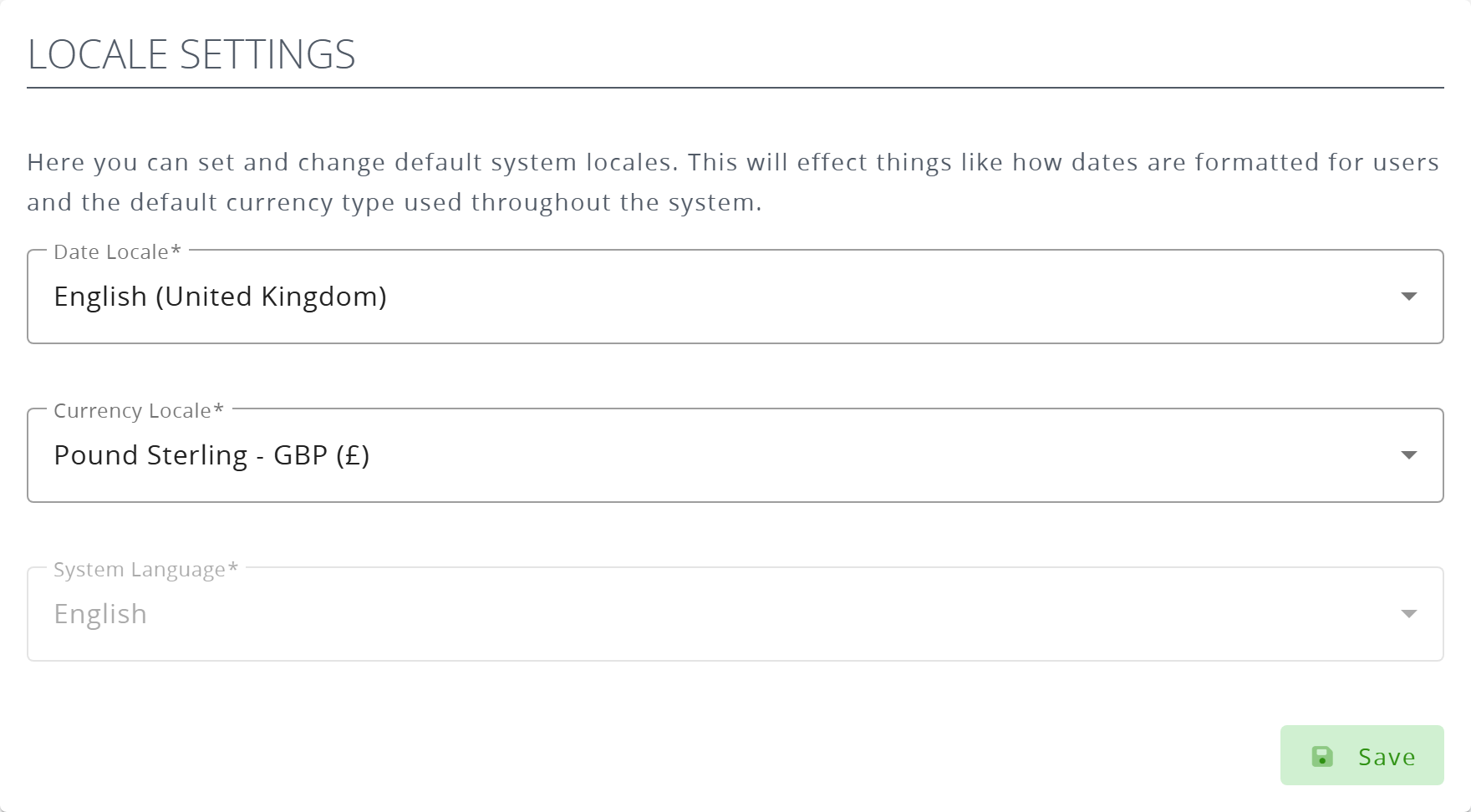 The locale settings: date locale, currency locale and system language