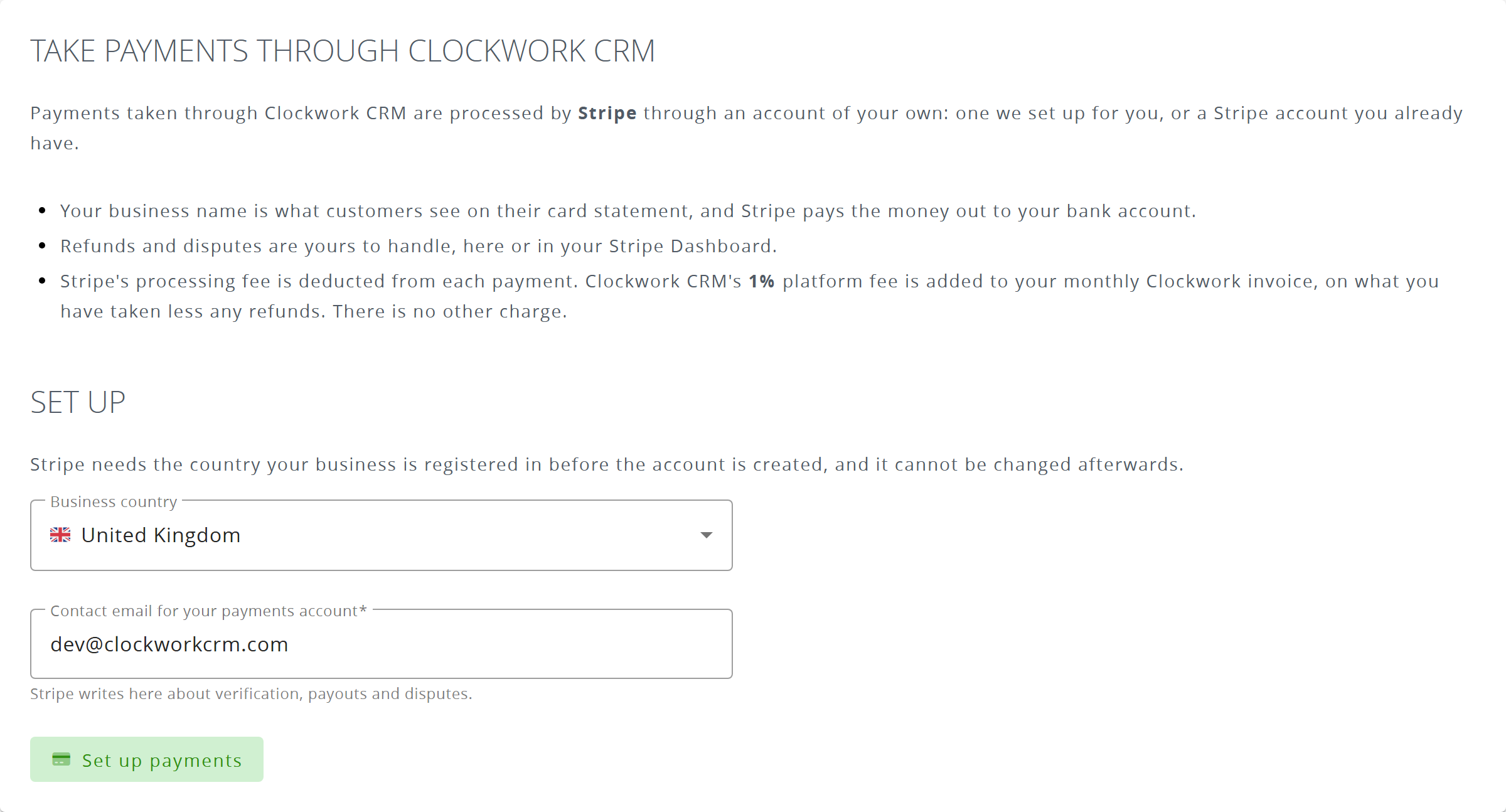 The payments set-up page