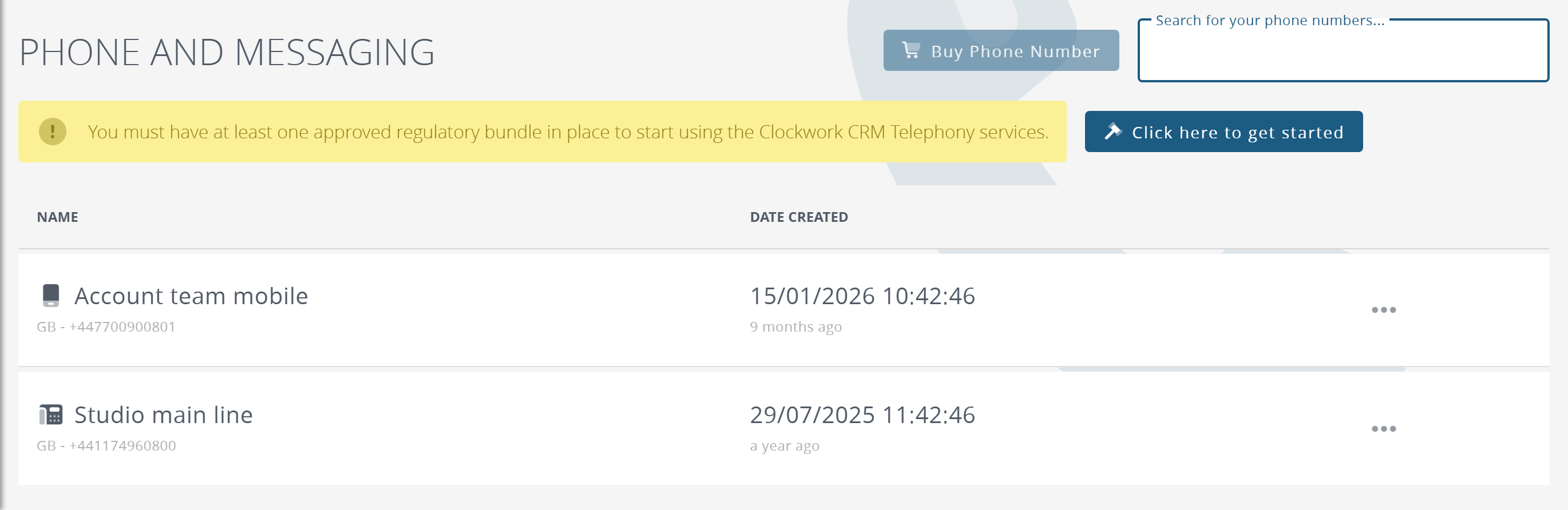 The Phone and Messaging list with two numbers, a mobile and a landline