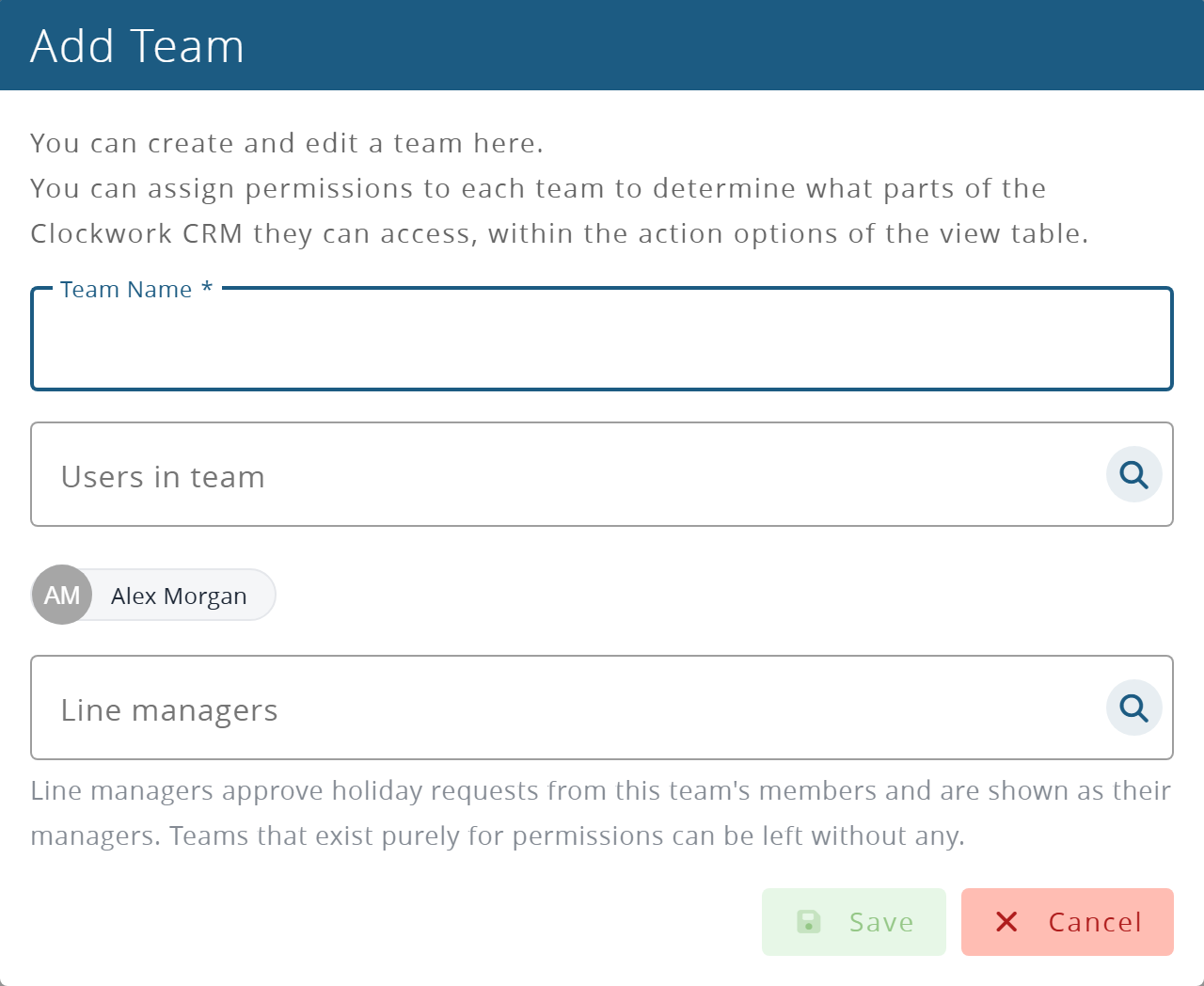 The Add Team form
