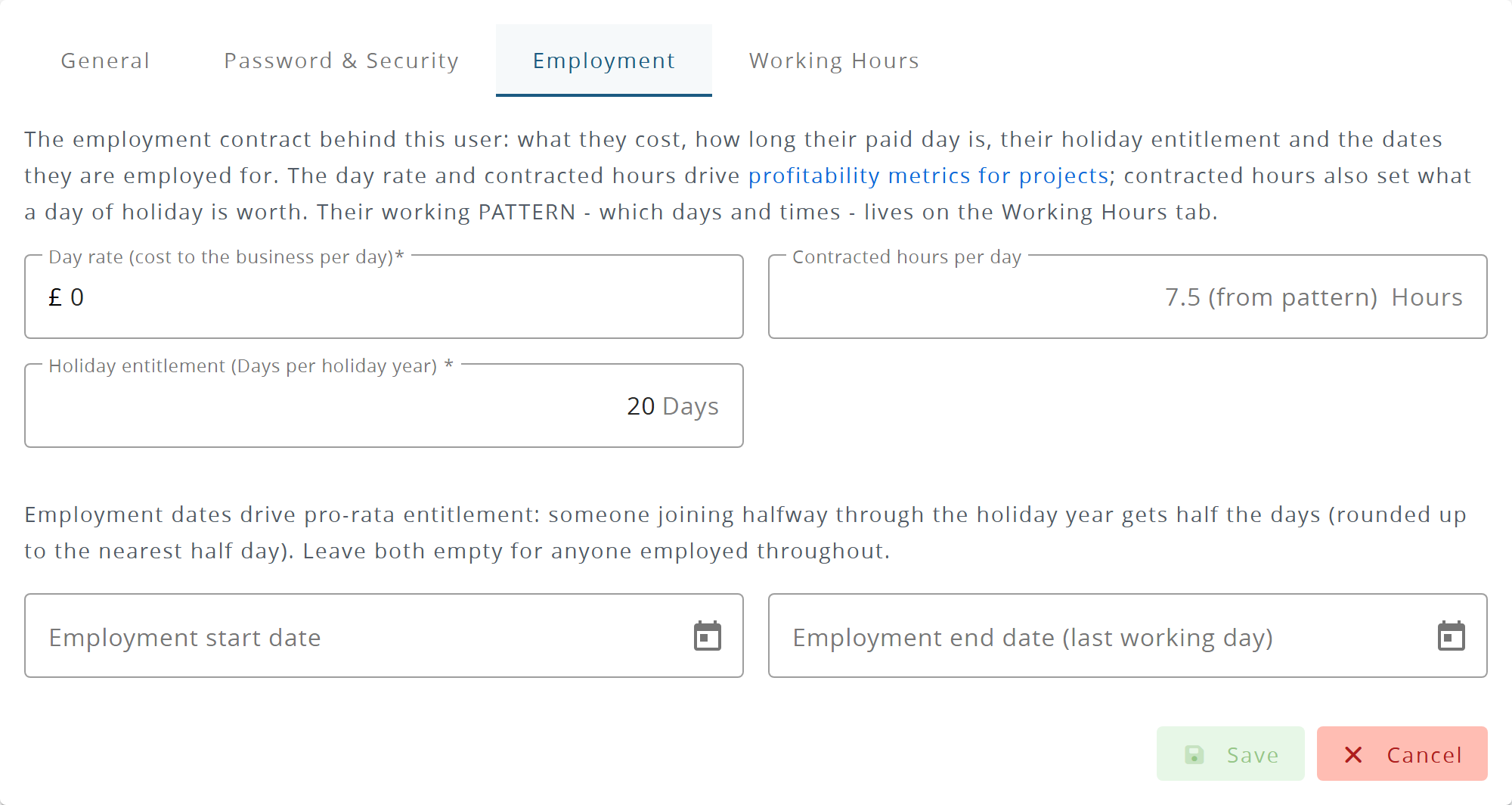 The Employment tab of a user