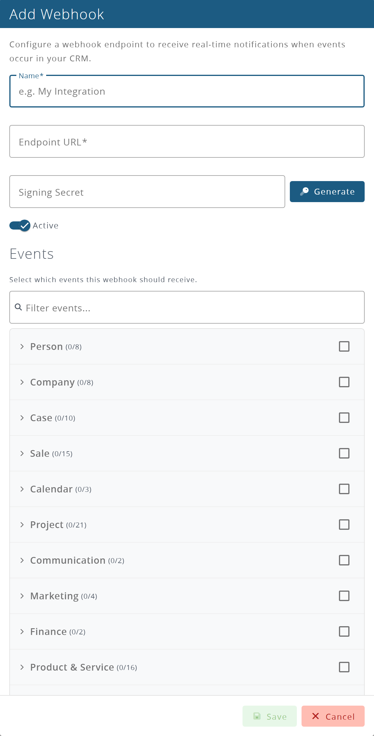 The Add Webhook form: name, endpoint, signing secret, and the events to send
