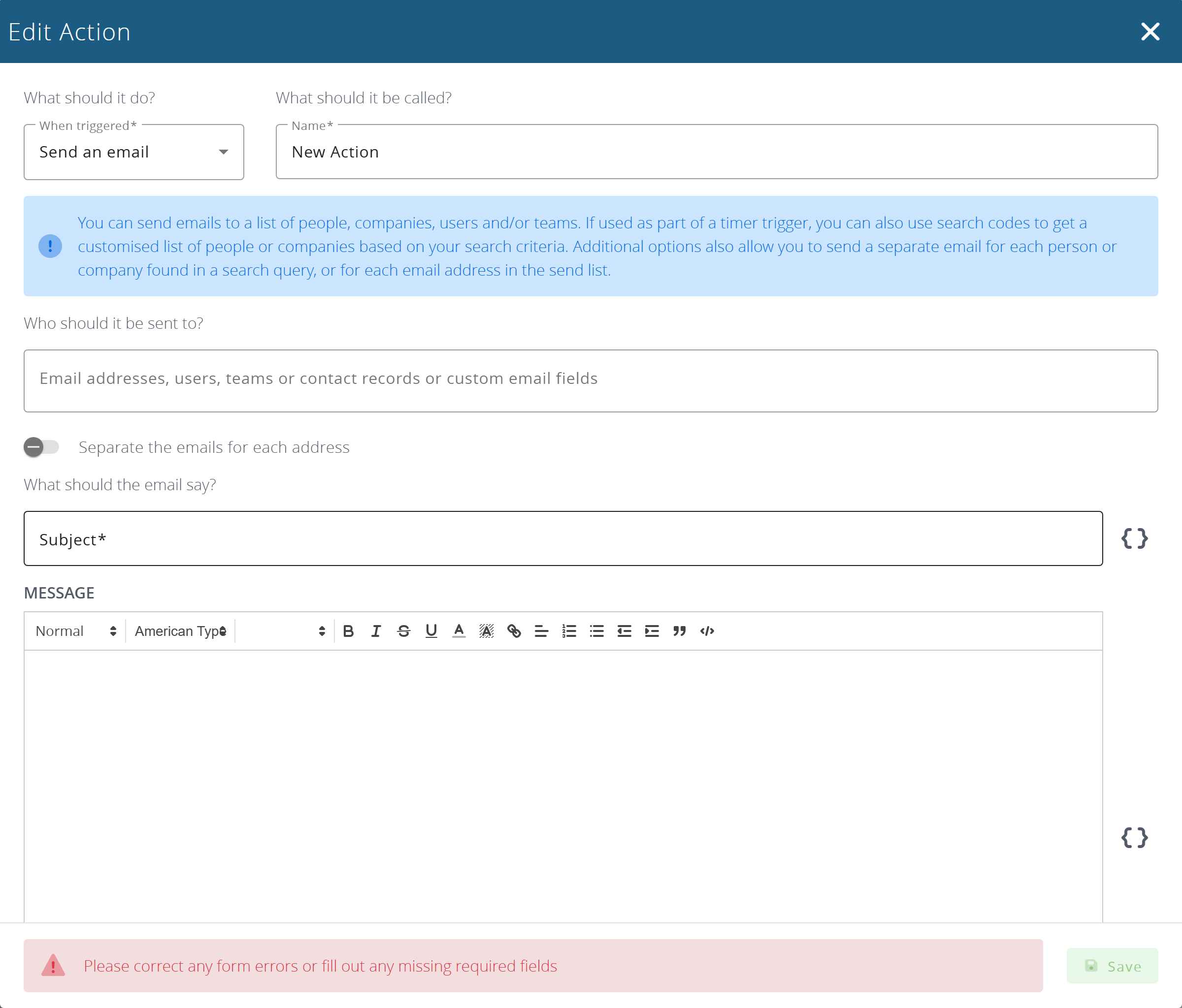 The action form, set to send an email
