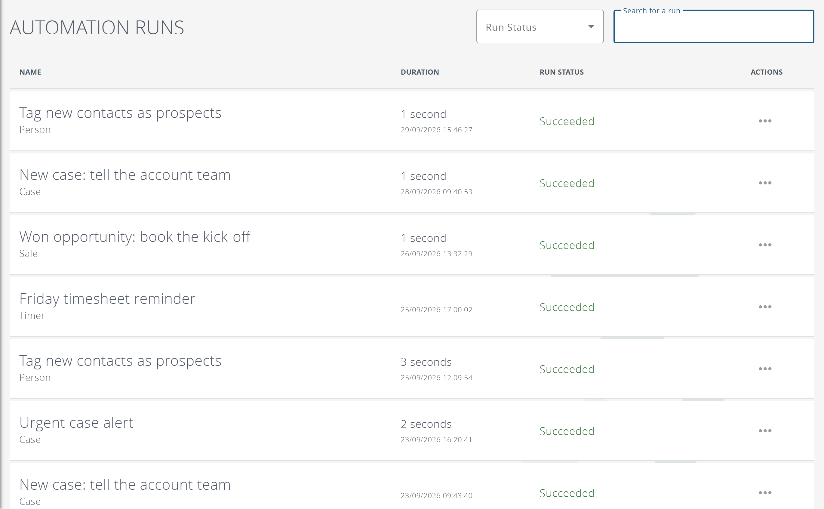 The Automation Runs list: each run with its automation, duration, start time and status