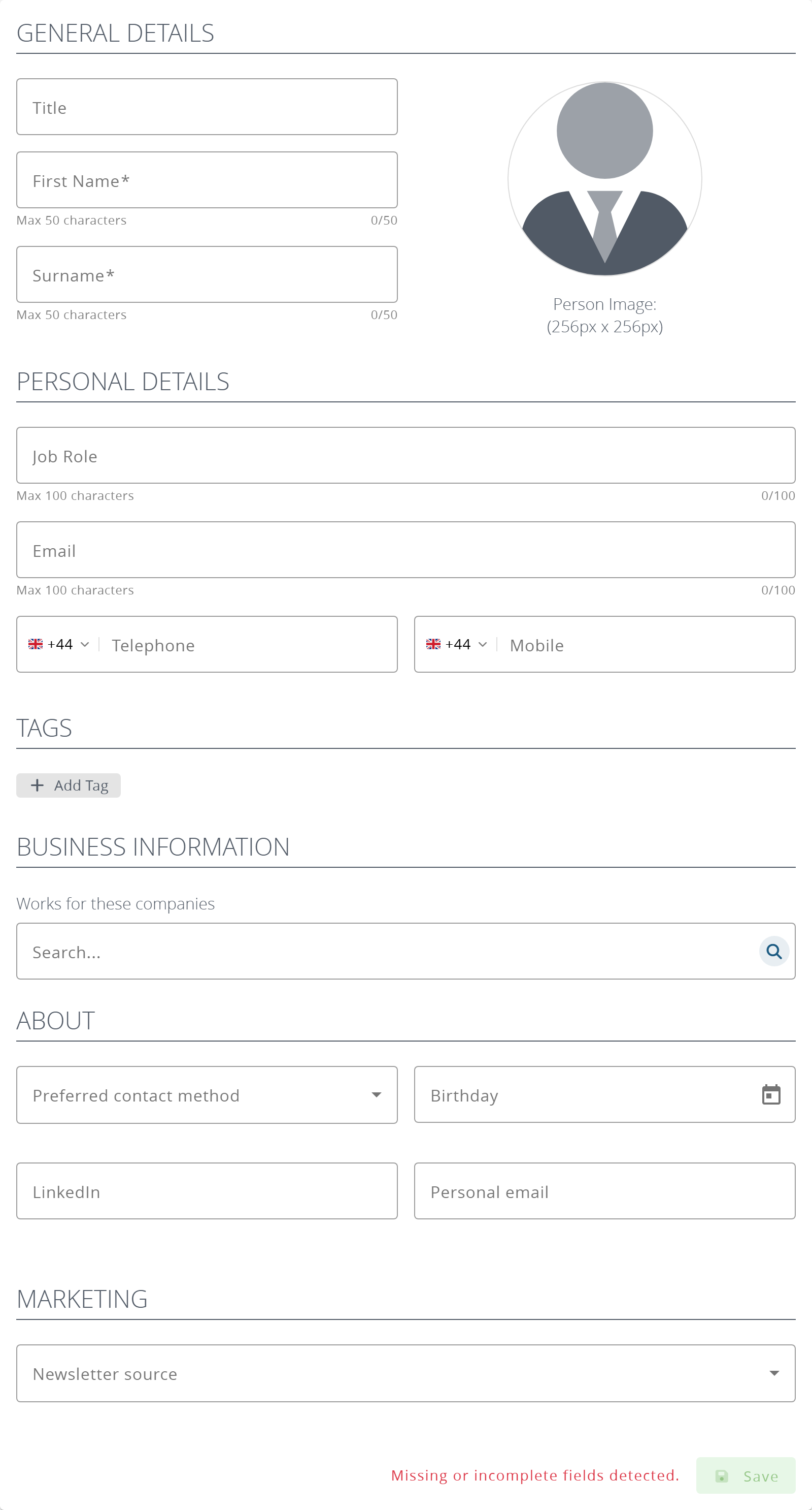 The form for adding a person manually