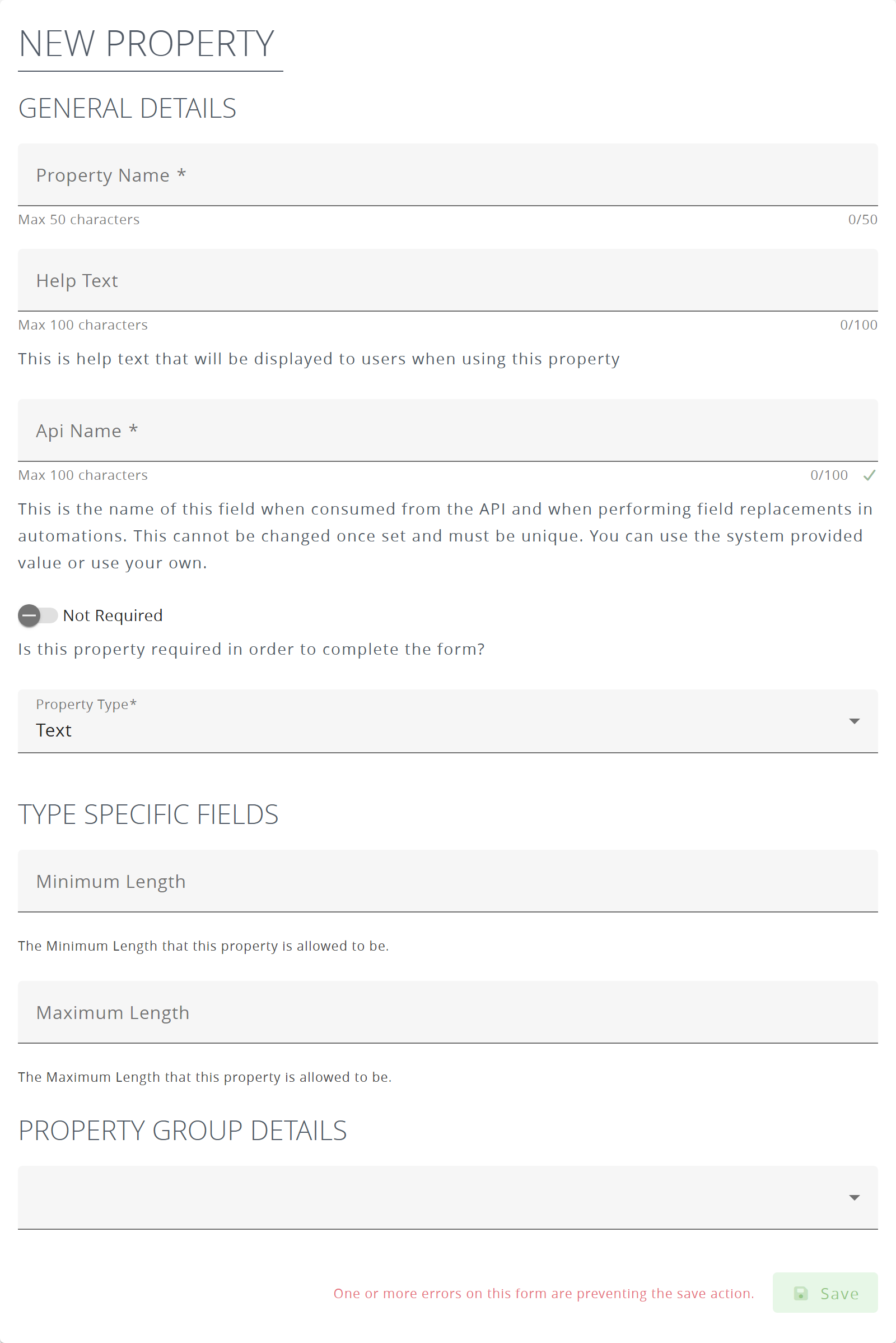 The New Property form
