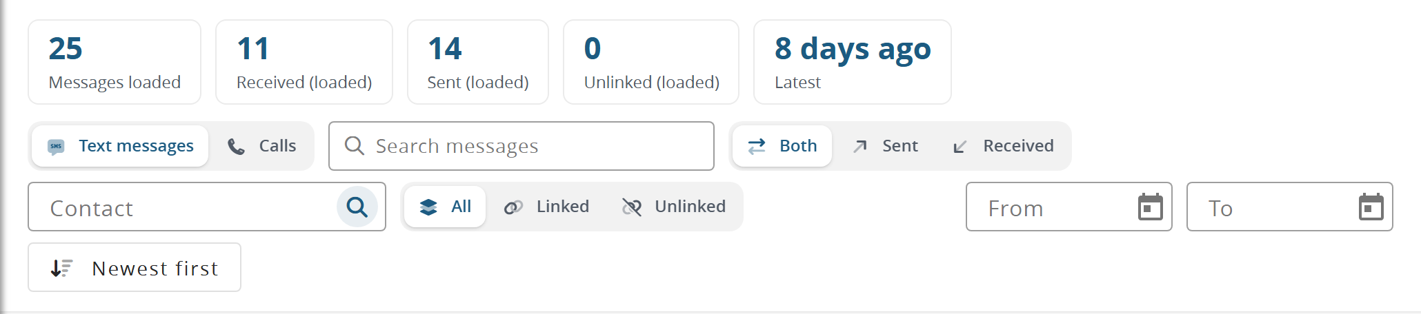 The call log tiles and filters: text messages or calls, search, direction, contact, linked or unlinked, dates and order