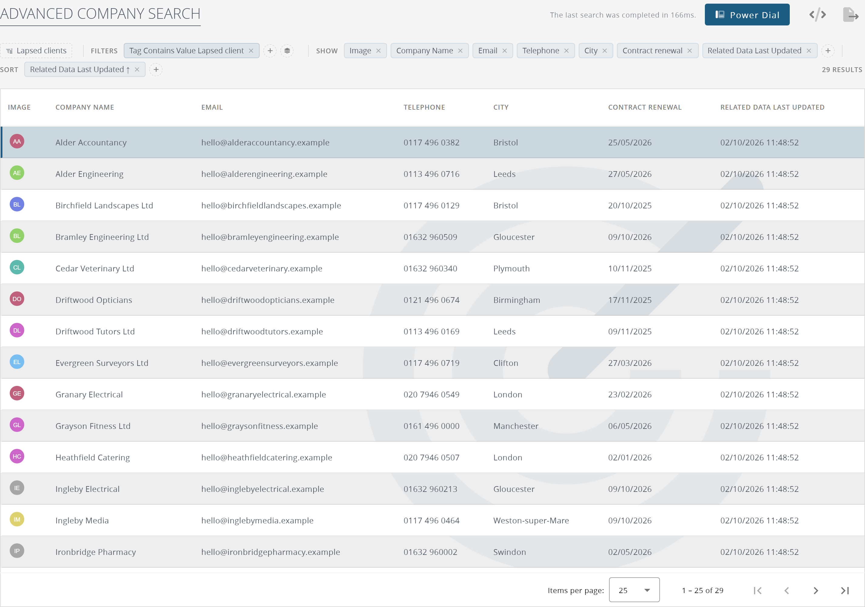 The advanced company search: filters and columns across the top, results below