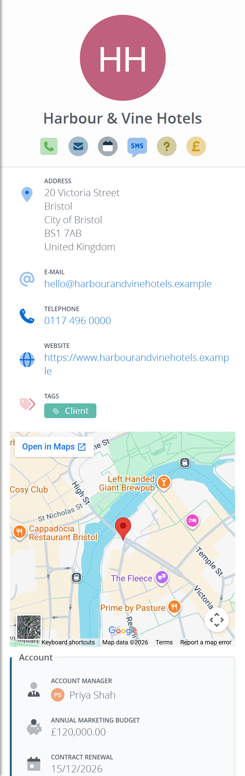 A company record's left-hand panel: name, address, contact details, registration number, business type and tags