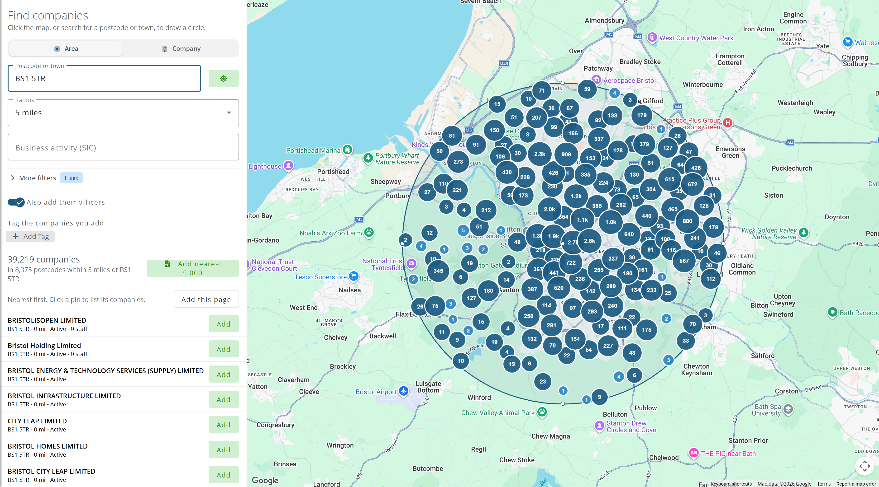 An area search: a 5 mile circle on the map, the filters, and the nearest companies listed on the left