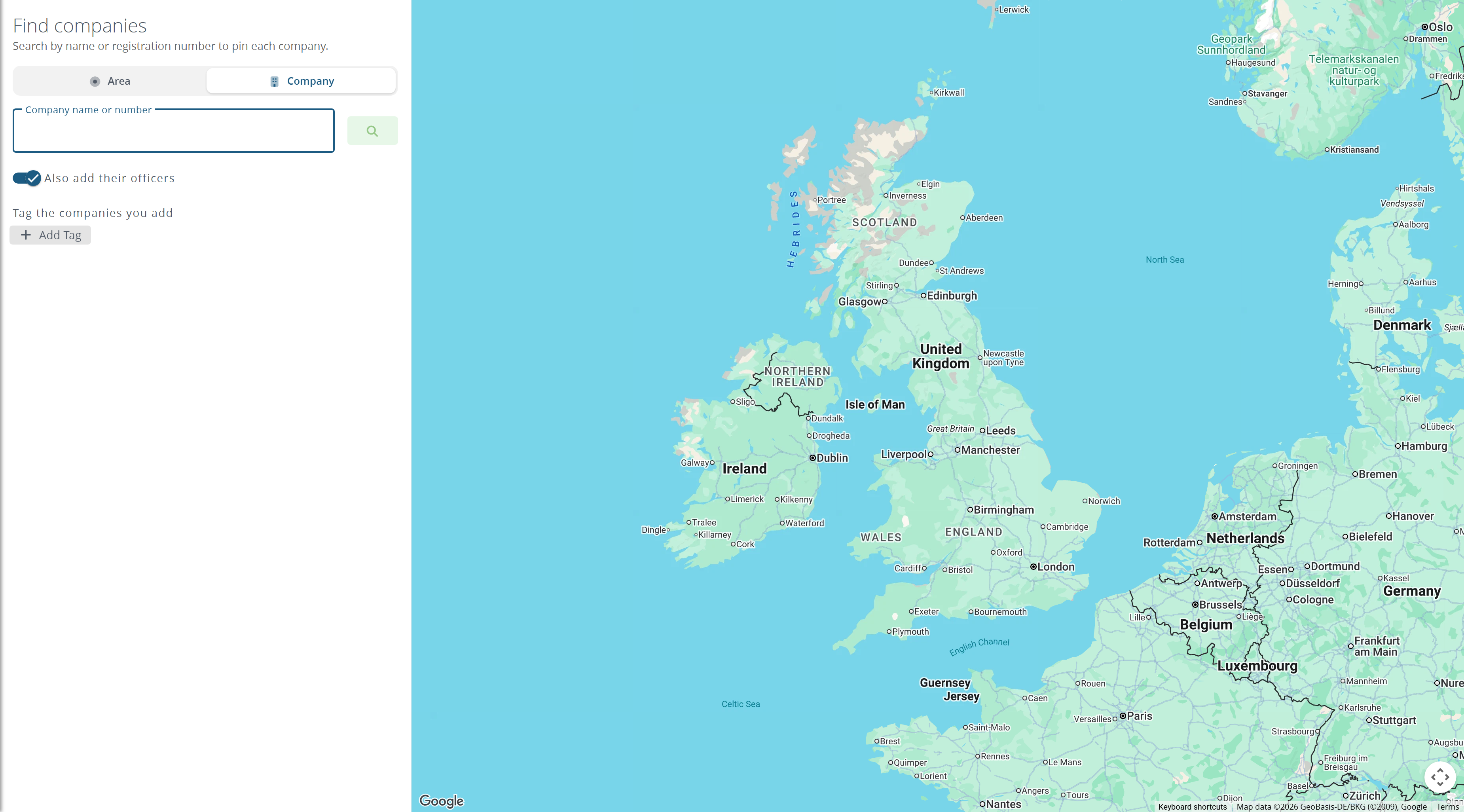 Find companies in Company mode, with the search controls on the left and the map on the right