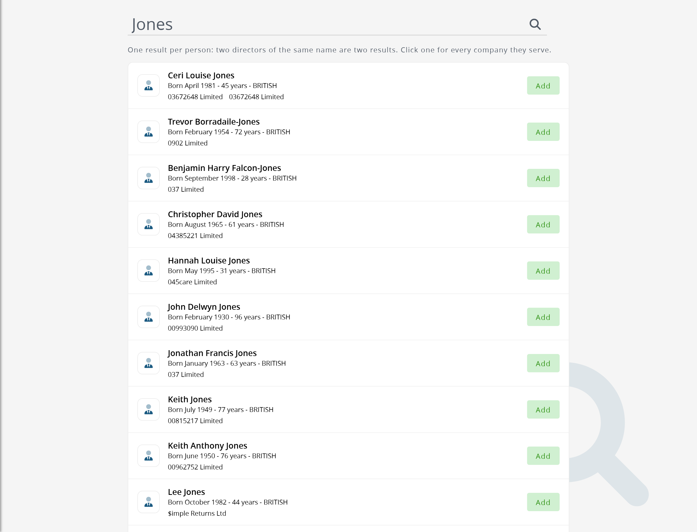 Director search results: each person with when they were born, their nationality and their companies