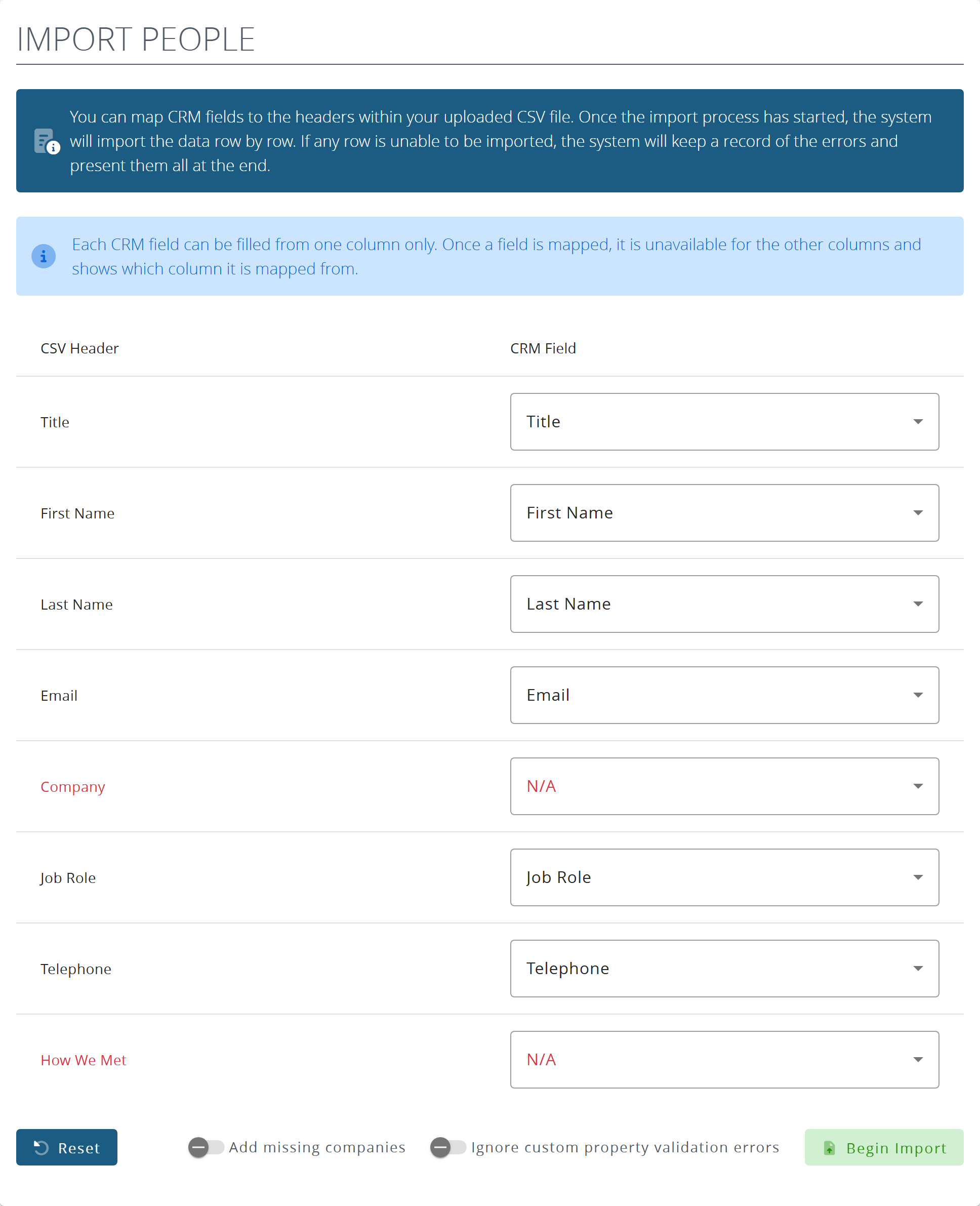 The column mapping: each CSV header with the CRM field it goes into, and unmapped columns in red