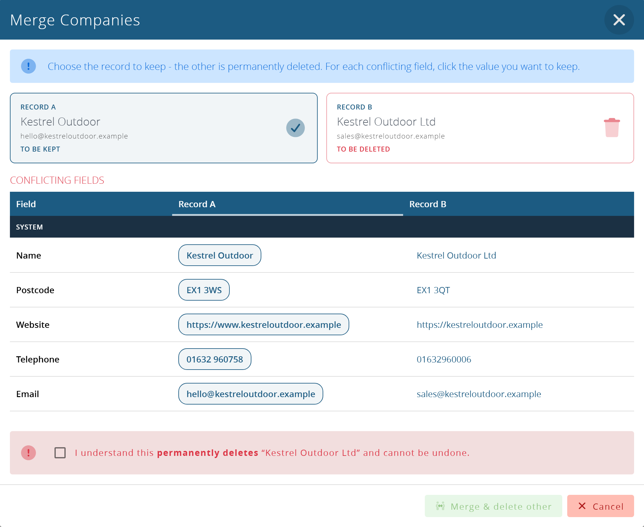 The Merge Companies dialog: the record to keep, conflicting fields, related records, and the confirmation
