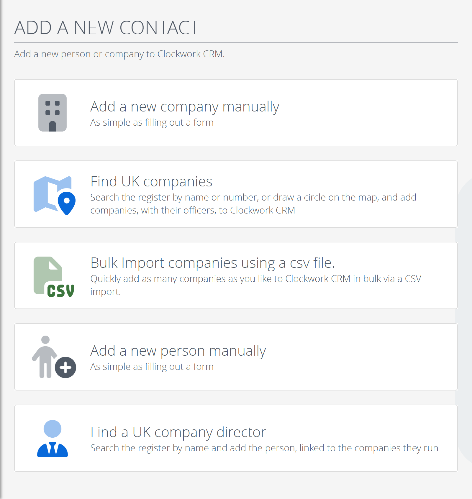 The Add Contact page, offering manual entry, Find UK companies, Find a UK company director and CSV import