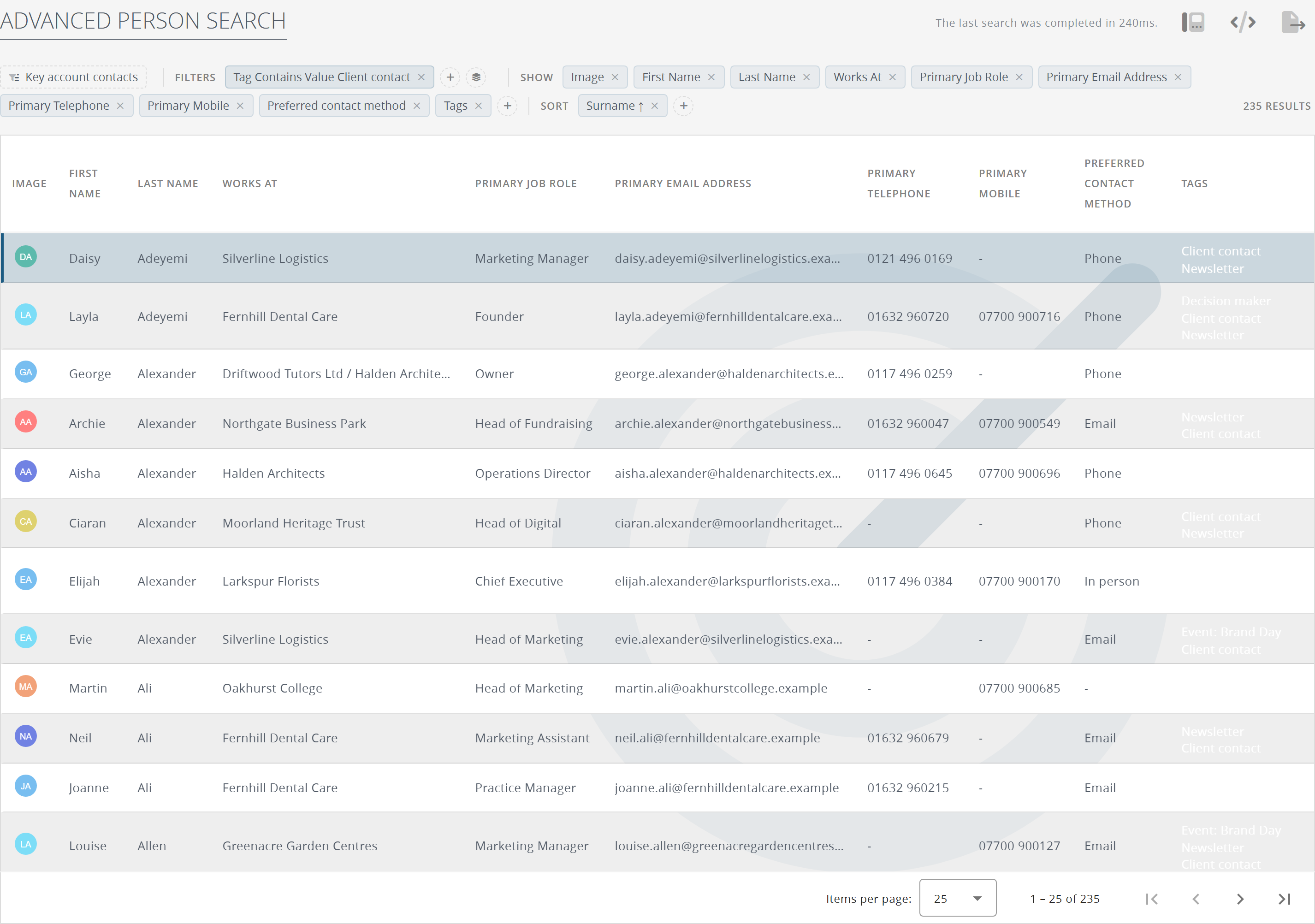 The advanced person search: filters and visible columns across the top, results below