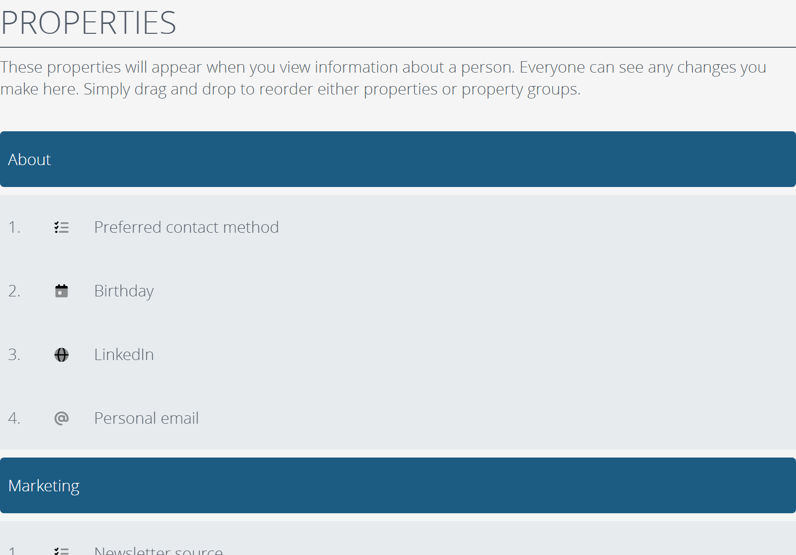 The person property list, with properties arranged into groups