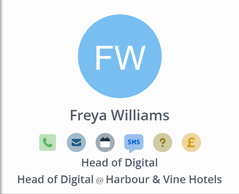 A person's name, the quick action icons, and their job title and company