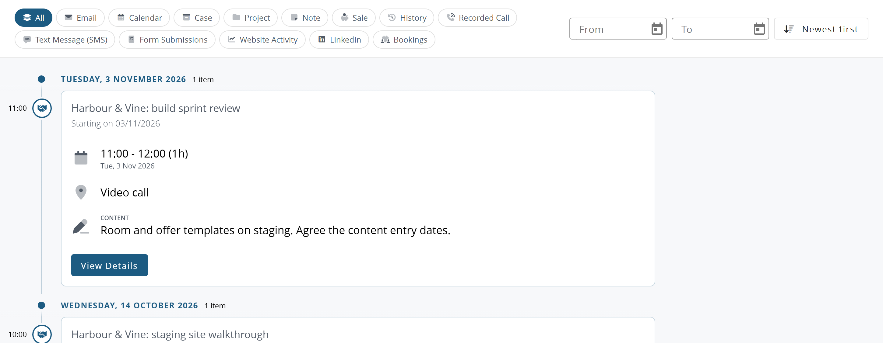 The timeline: date and filter controls, then entries grouped by day