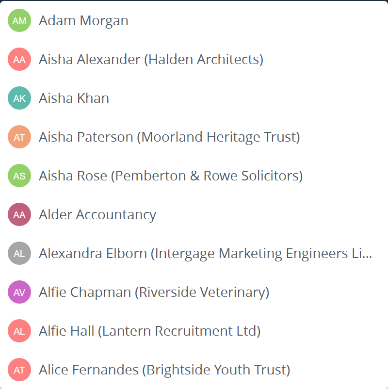 Quick search results: people with their company in brackets, and companies