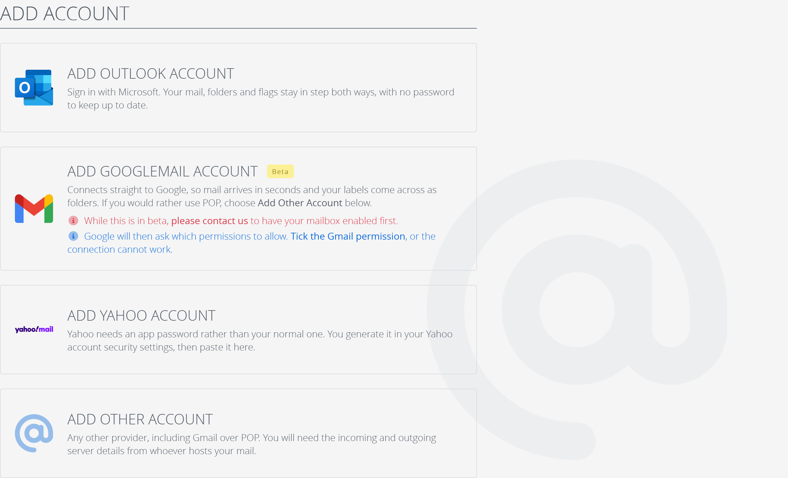 The choice of mailbox to add: Microsoft, Google Mail, Yahoo, or another provider