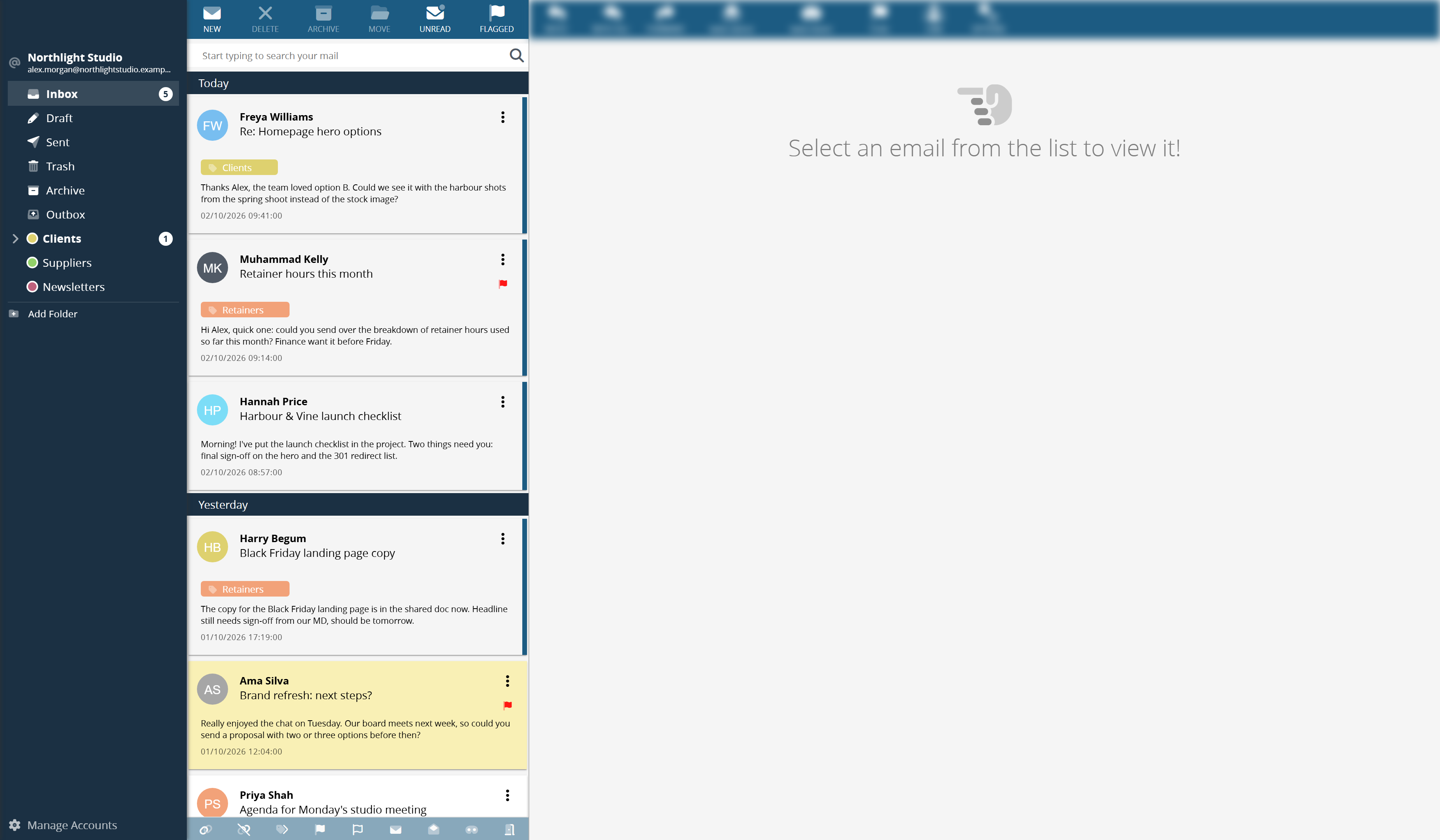 The email client: folders on the left, then the message list and the reading pane