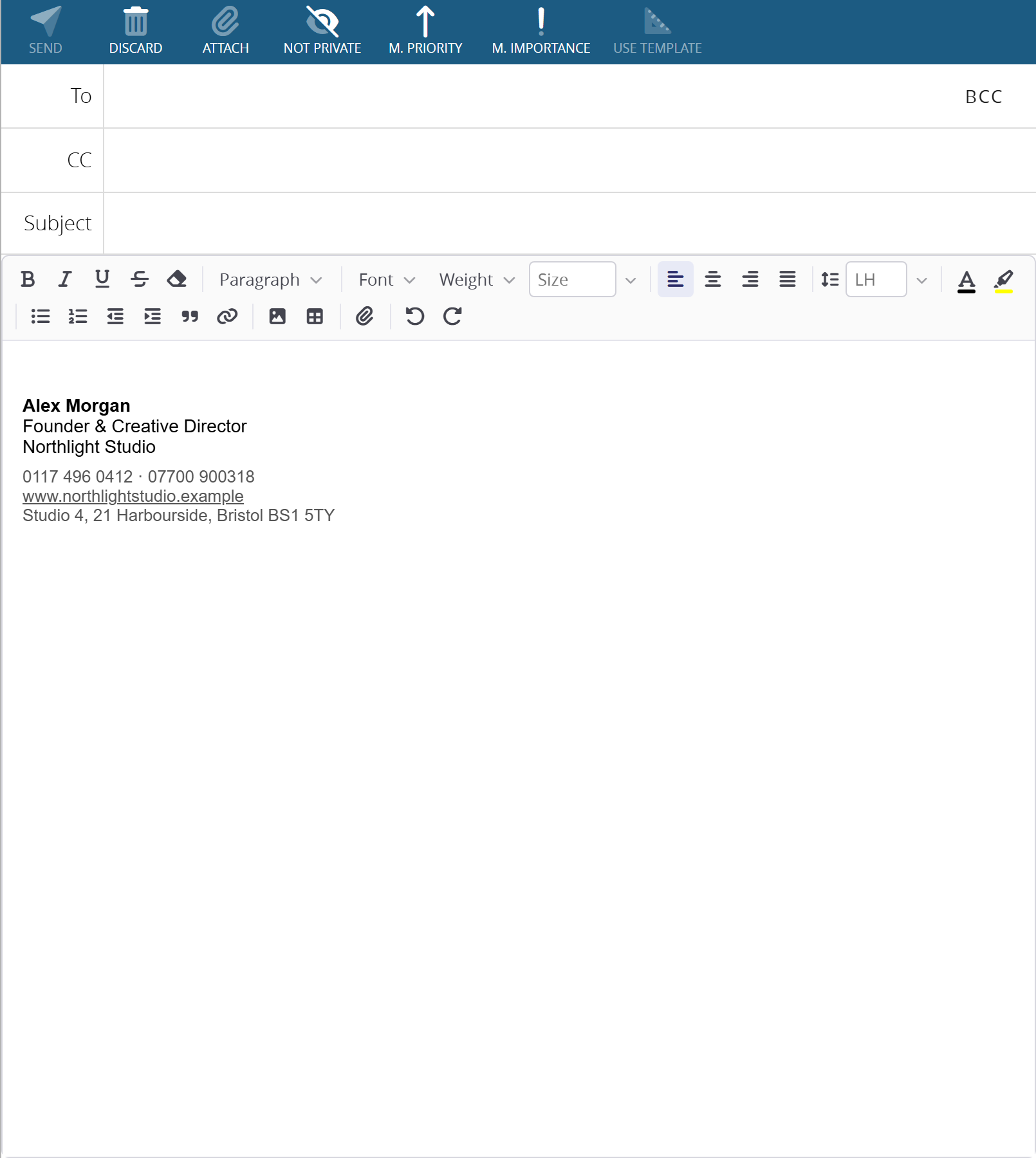 A new email: the toolbar, the recipients and subject, and the message editor