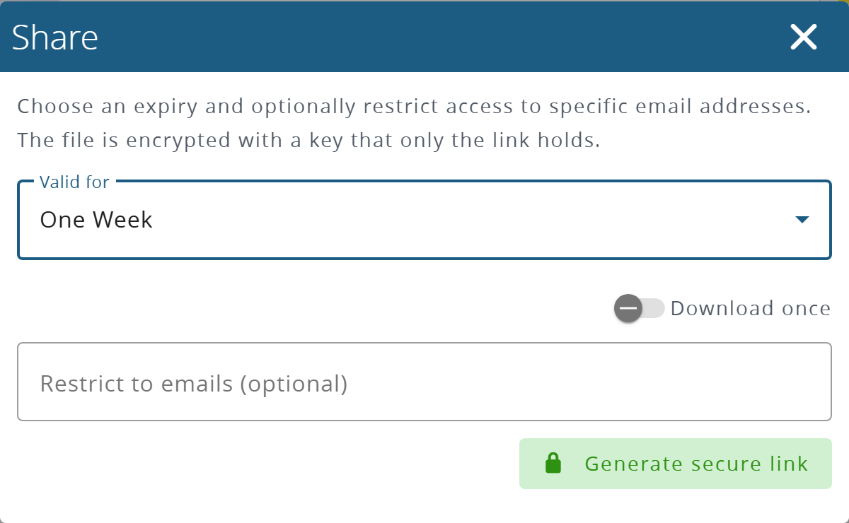 The Share dialog with Valid for set to One Week, Download once, Restrict to emails and Generate secure link