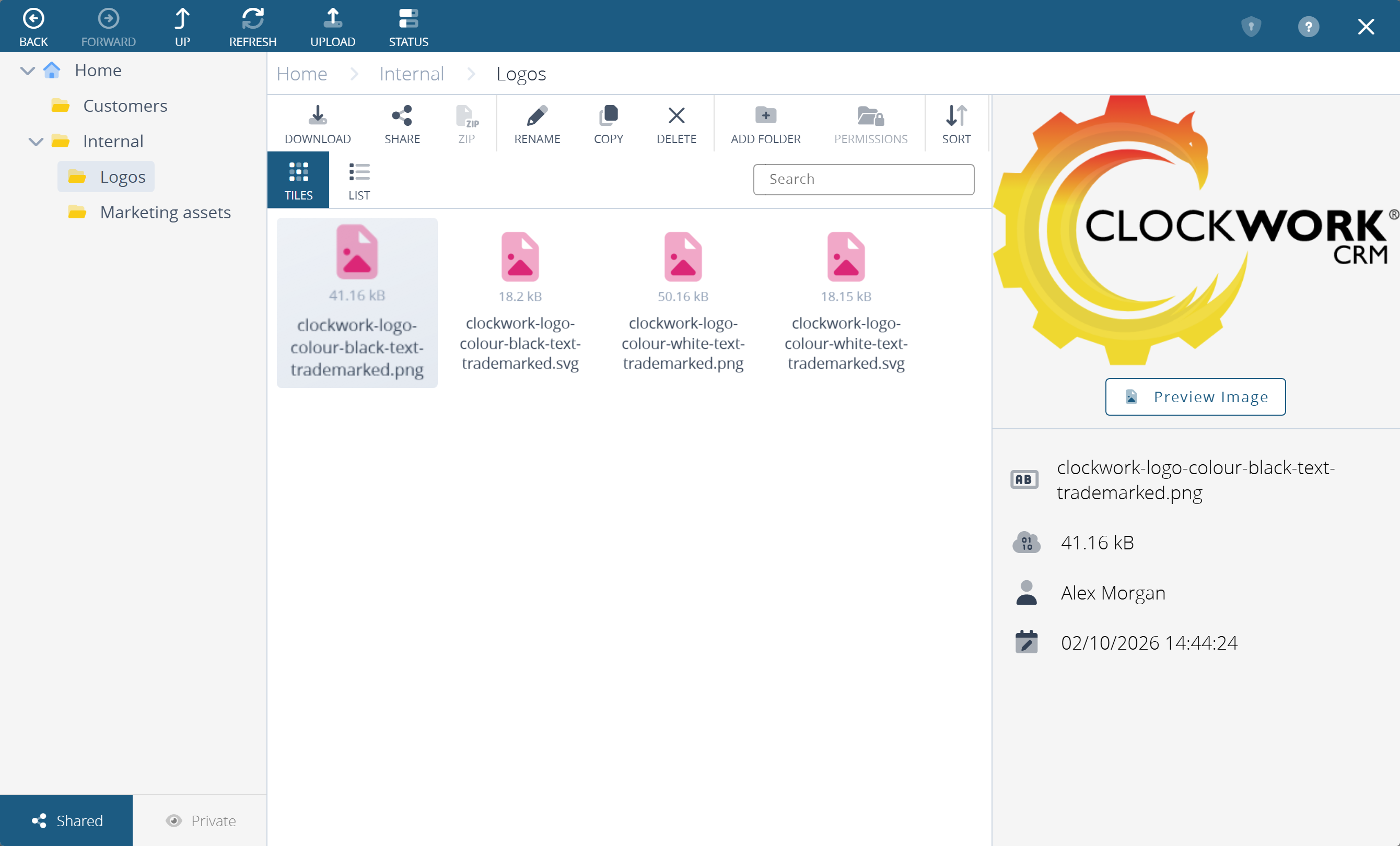 The file browser: folders on the left, files in the middle, and the selected file on the right