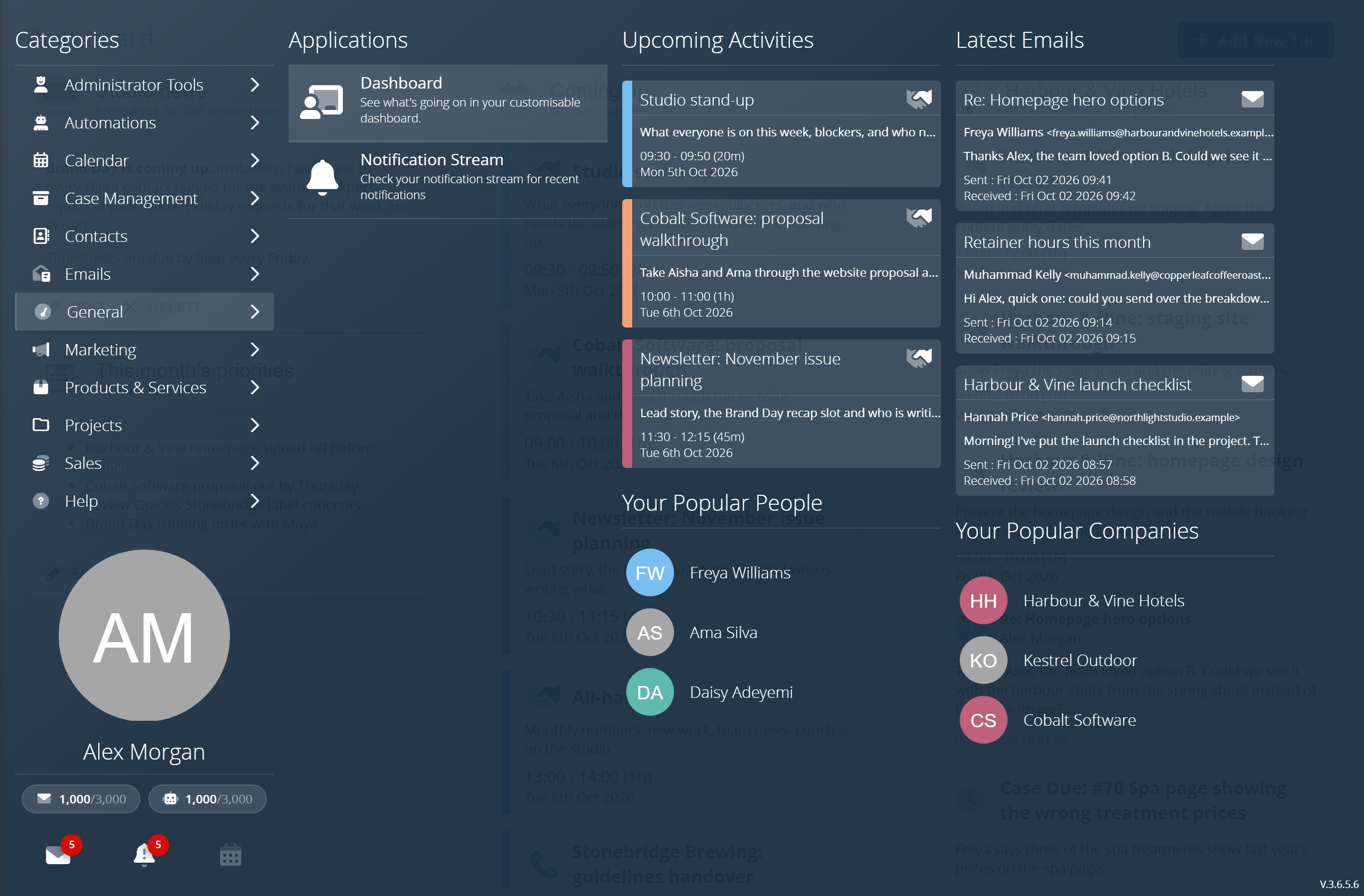 The app drawer: categories, the applications in the chosen category, and upcoming activities