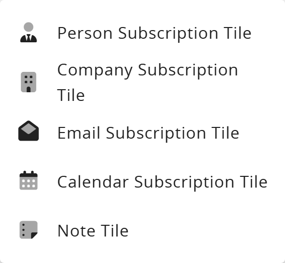 The tiles that can be added to the dashboard