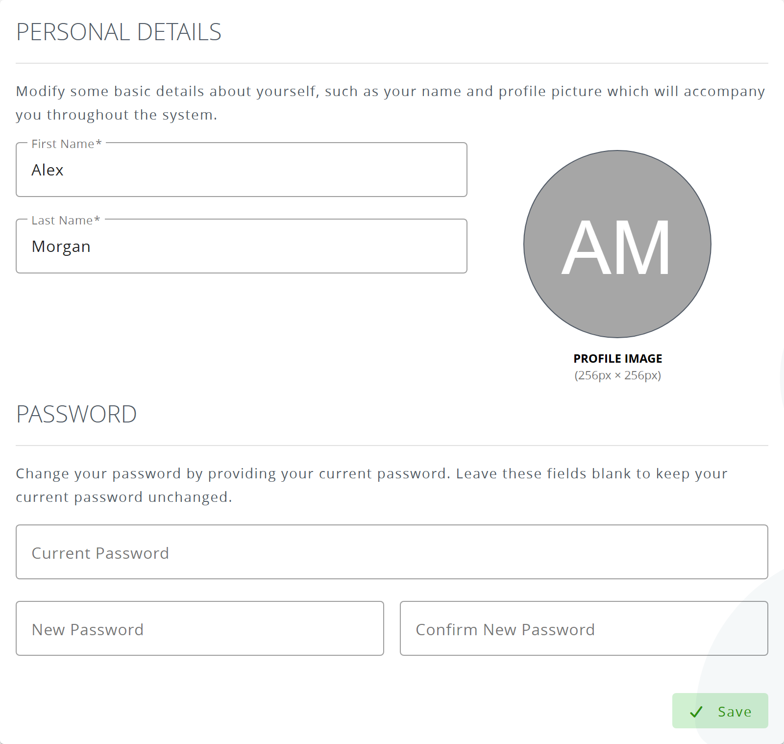 The User Profile tab: personal details and password