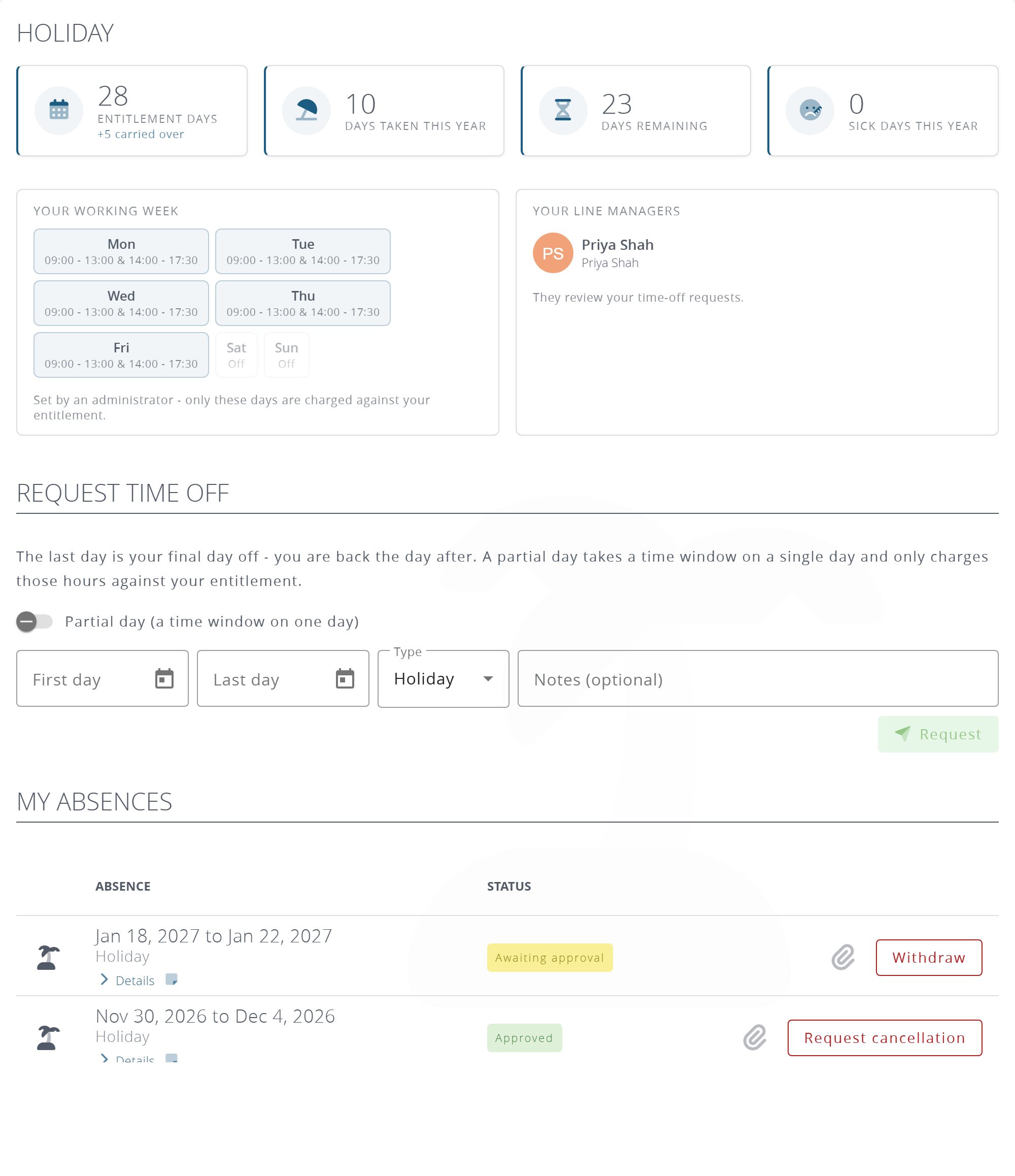 The Holiday tab: entitlement, working week, line managers and the time off request
