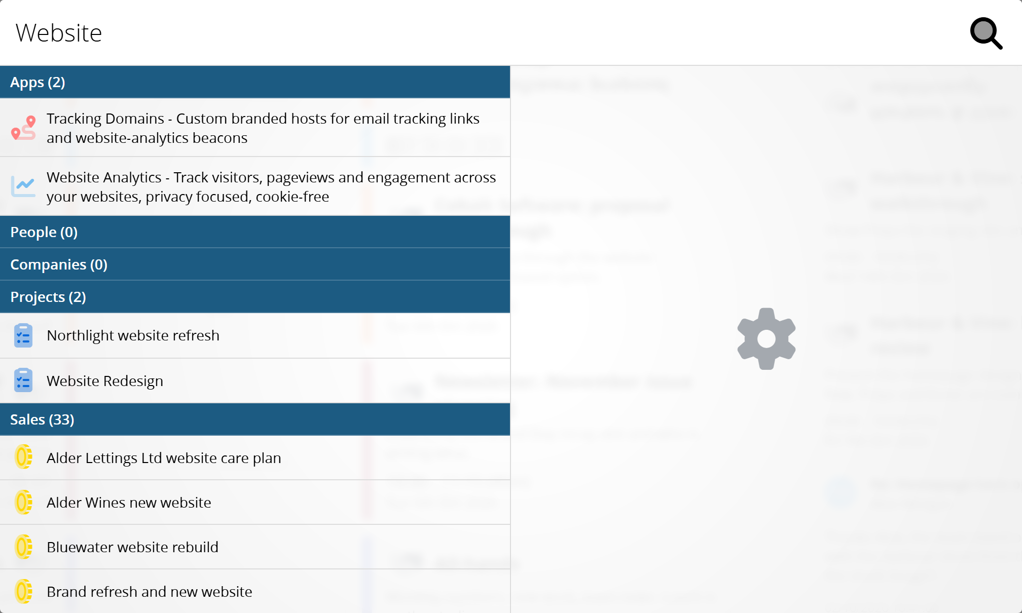 Spotlight search, with results grouped by type