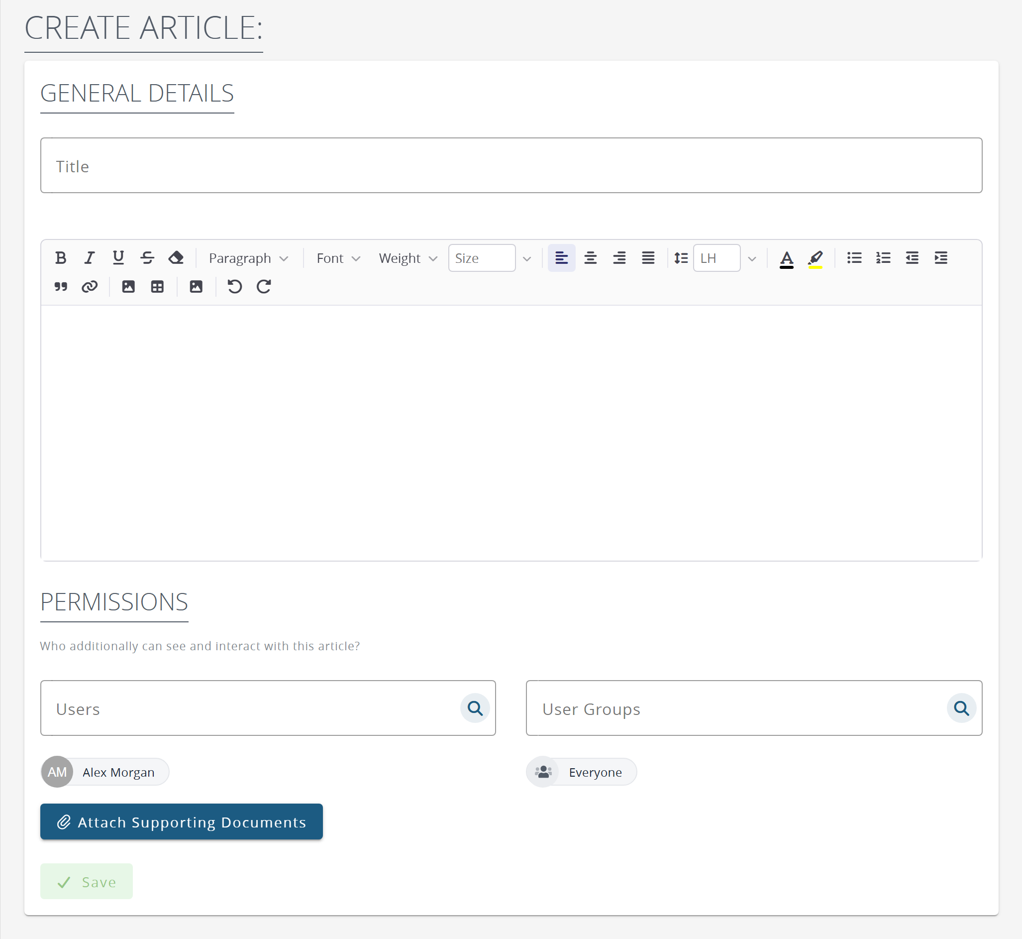 A new Knowledge Base article: title, content, permissions and attachments