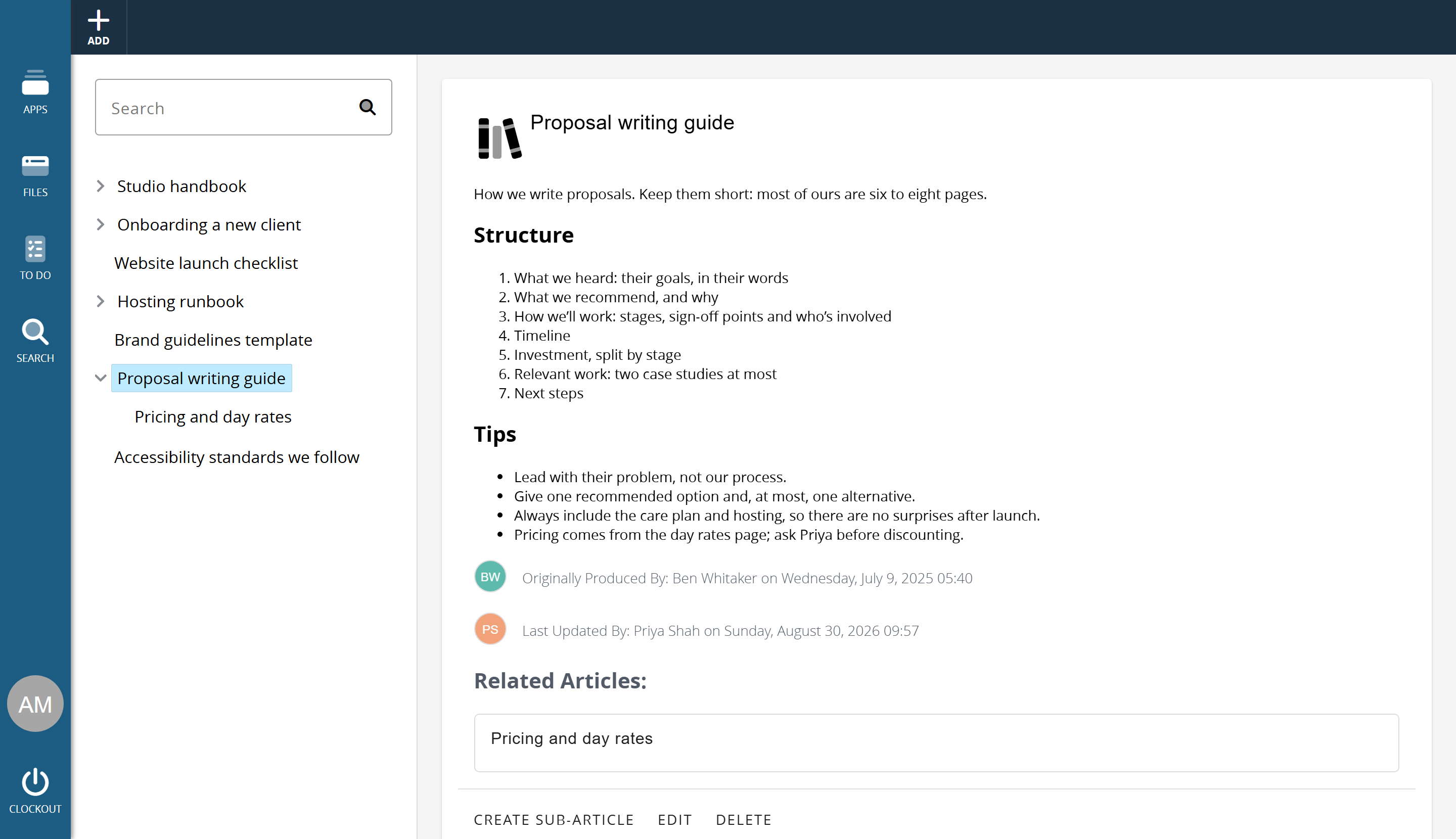 An open article beside the article tree, with its author, last update, related articles and buttons