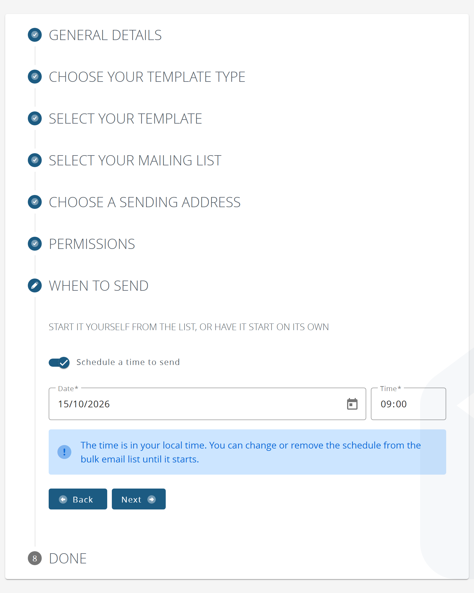 The When to send step of a new shot, with Schedule a time to send on and a date and time entered