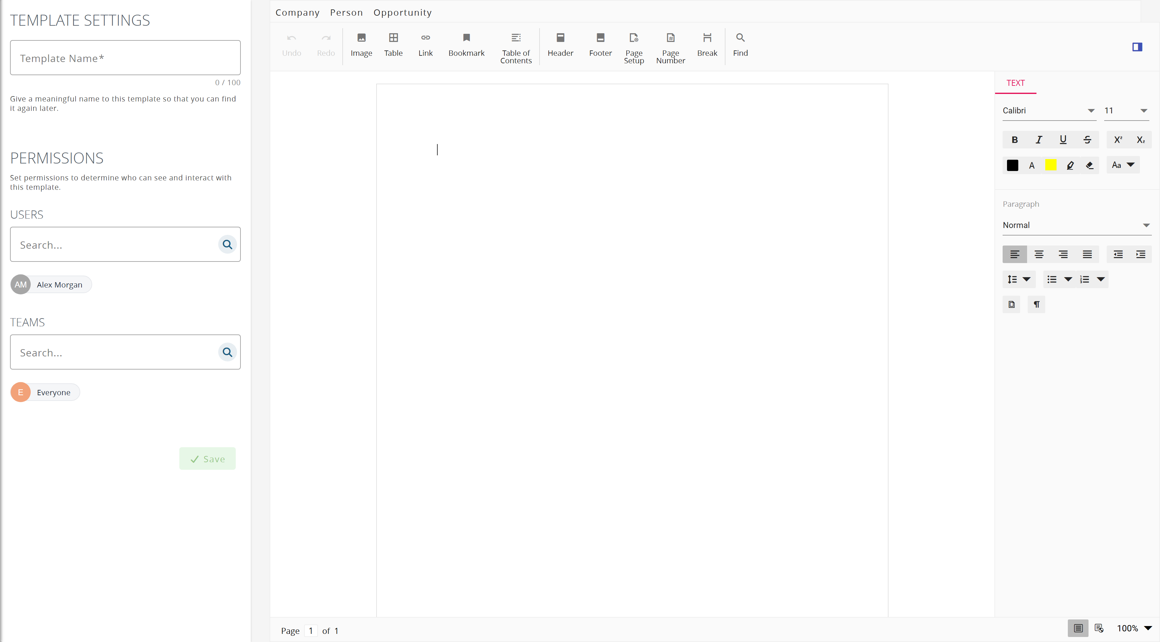 The document template editor: template settings on the left, the document on the right