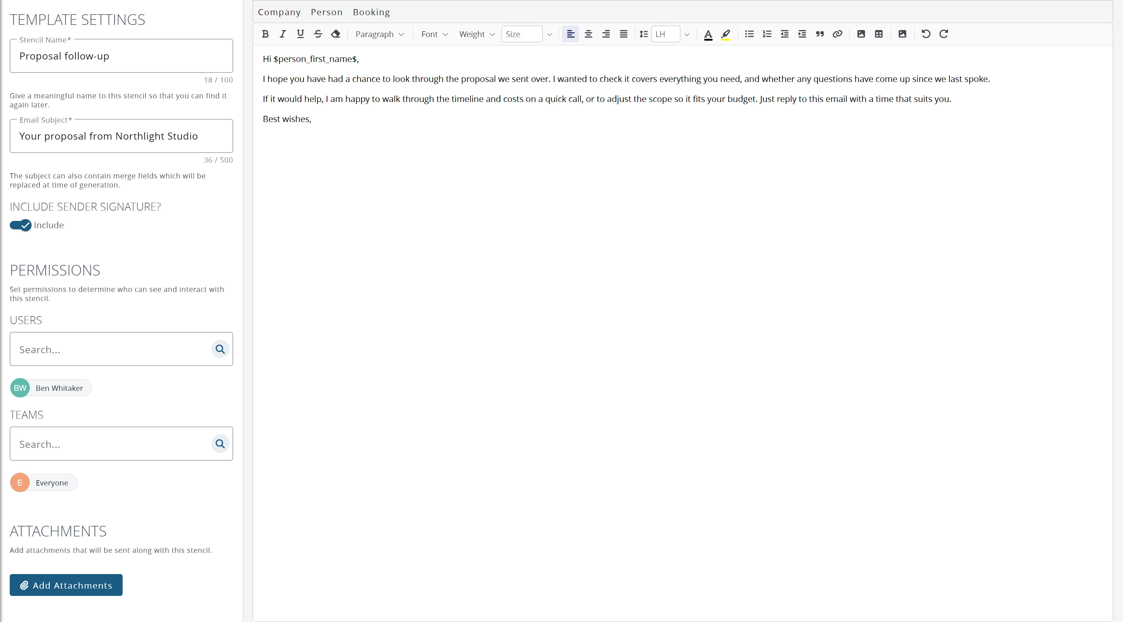 The email stencil editor: settings on the left, the rich text editor on the right