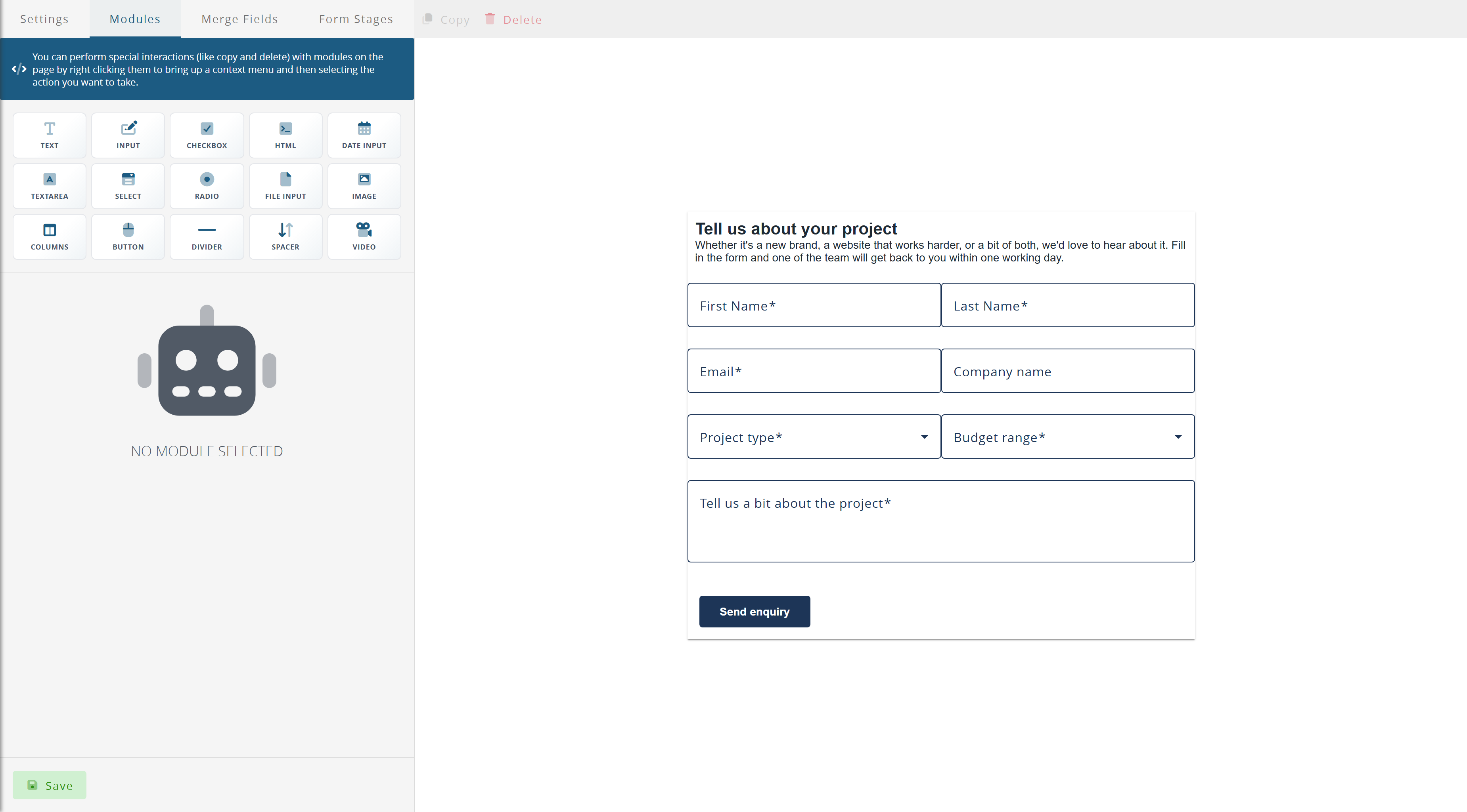 The Modules tab of the form editor, showing the fields and blocks a form can contain