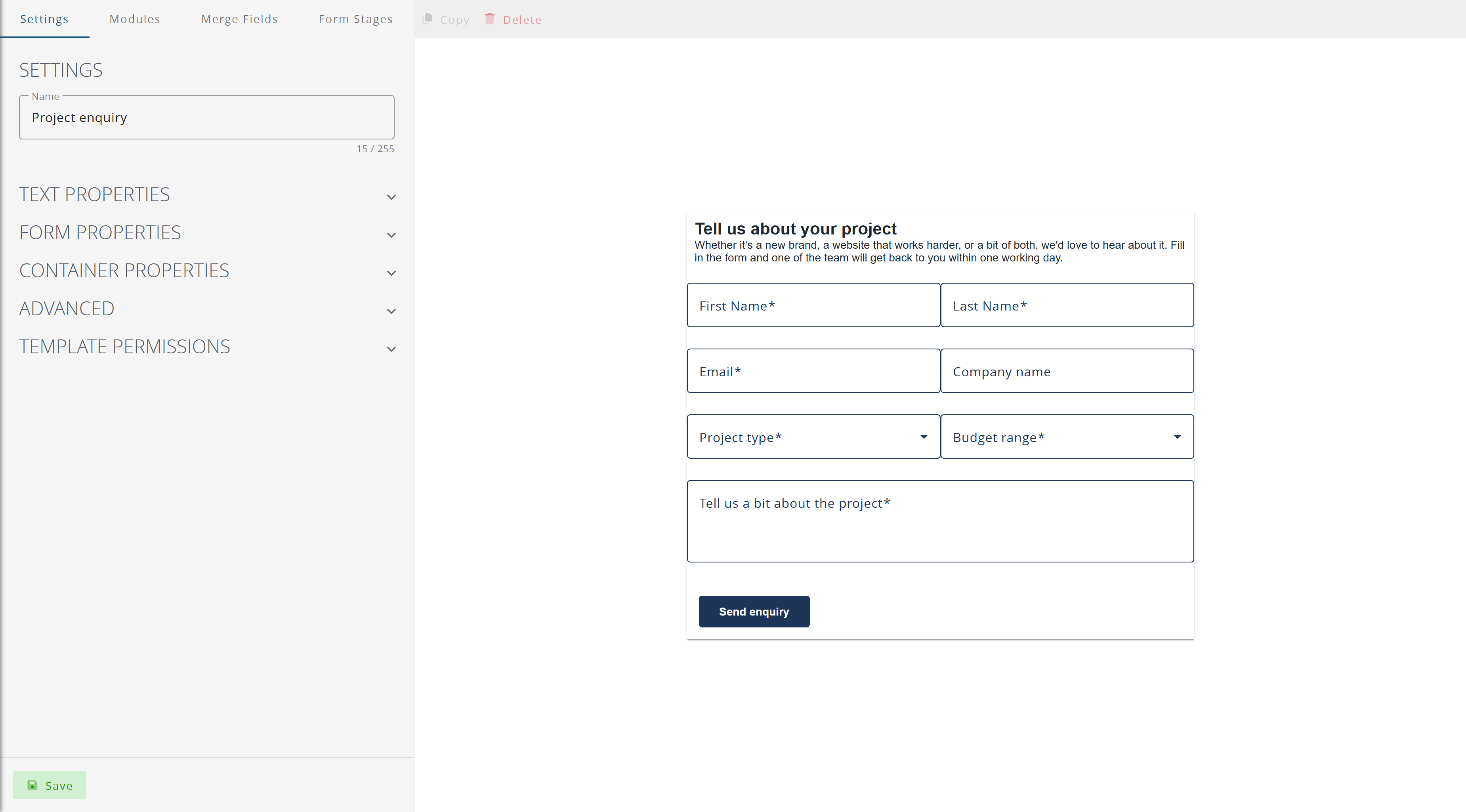 The form editor: settings on the left, the form being built on the right